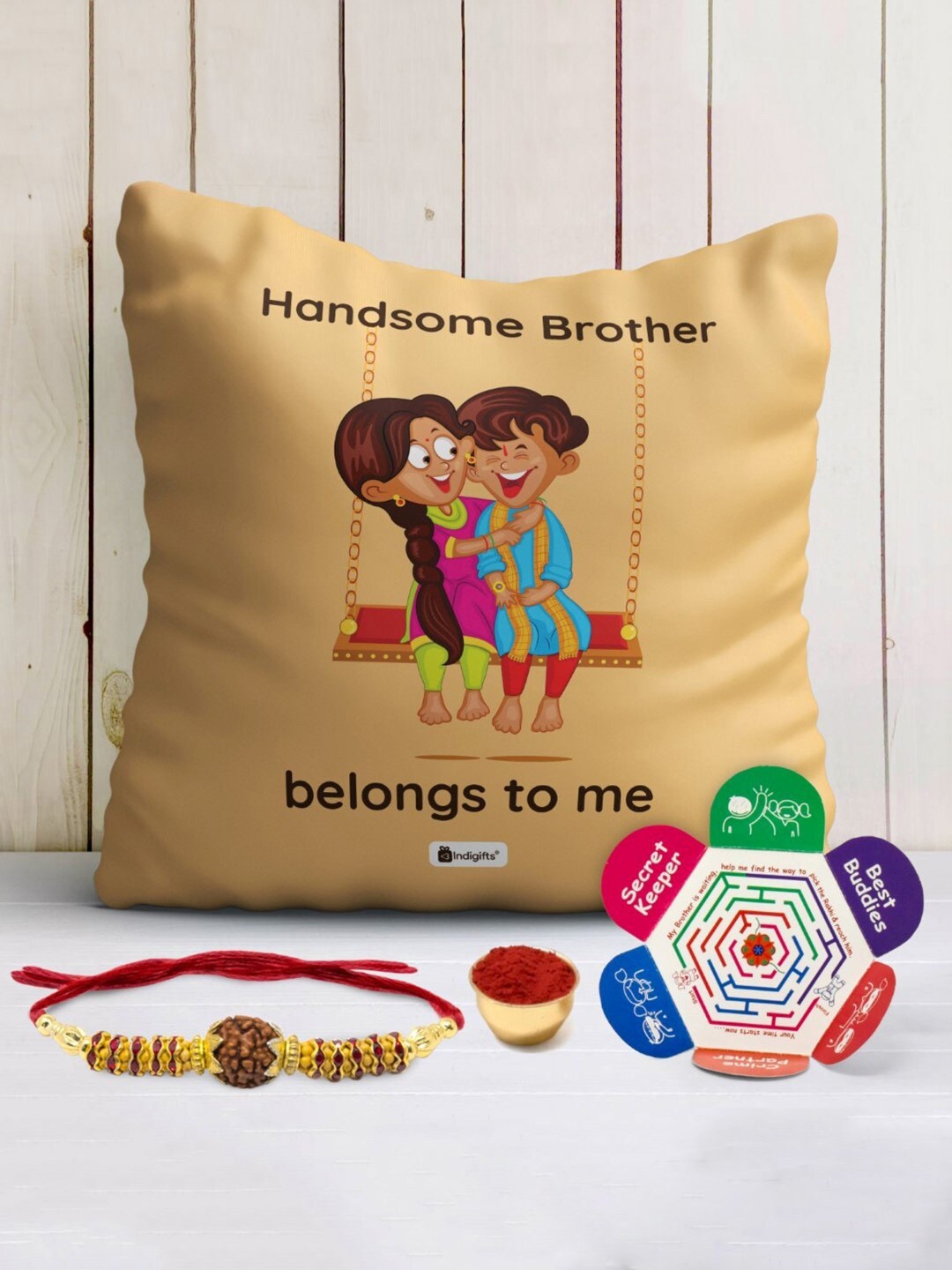 

Indigifts Handsome Bro Belongs To Me Cushion & Rakhi Gift Set, Beige