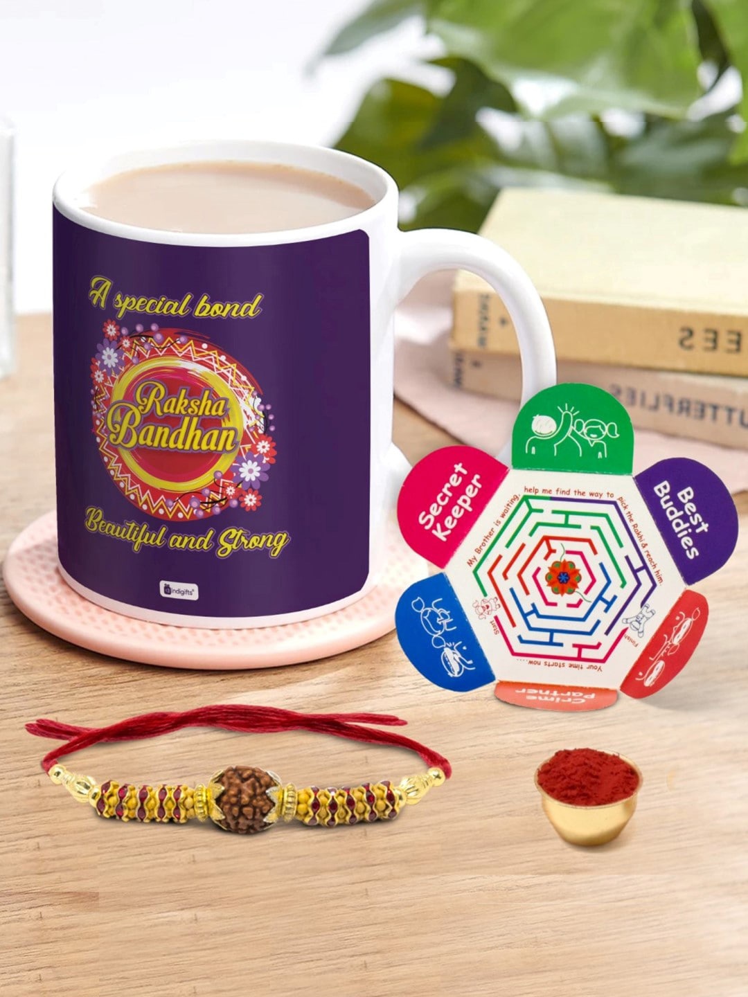 

Indigifts Rudraksha Rakhi With Printed Coffee Mug, Purple