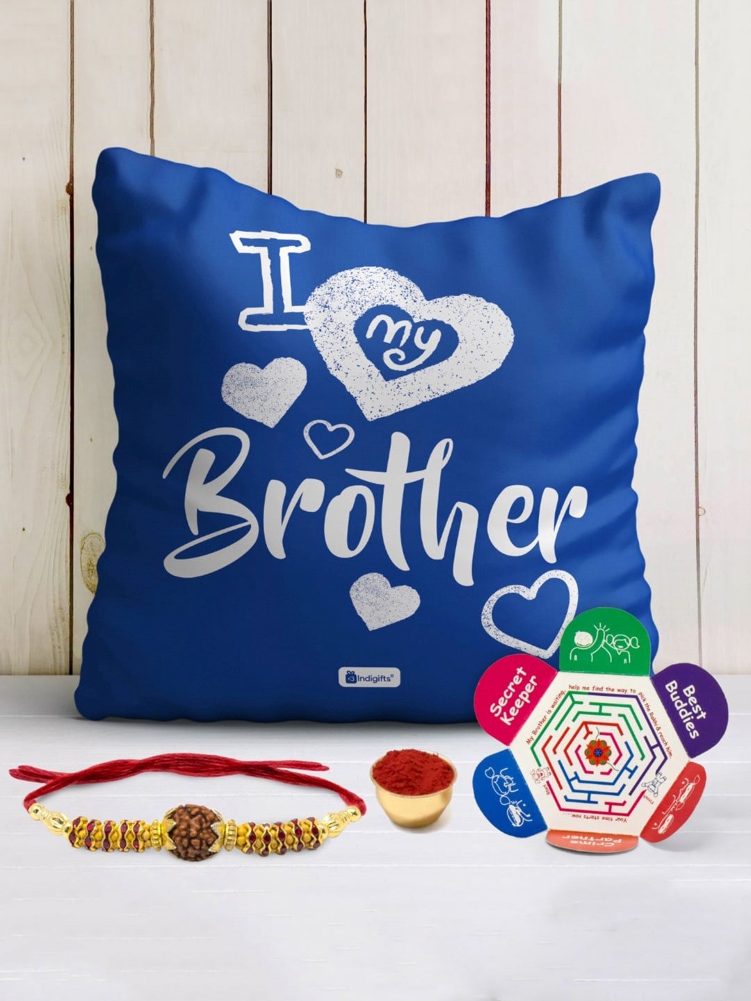 

Indigifts I Love My Brother Printed Cushion And Rakhi, Blue