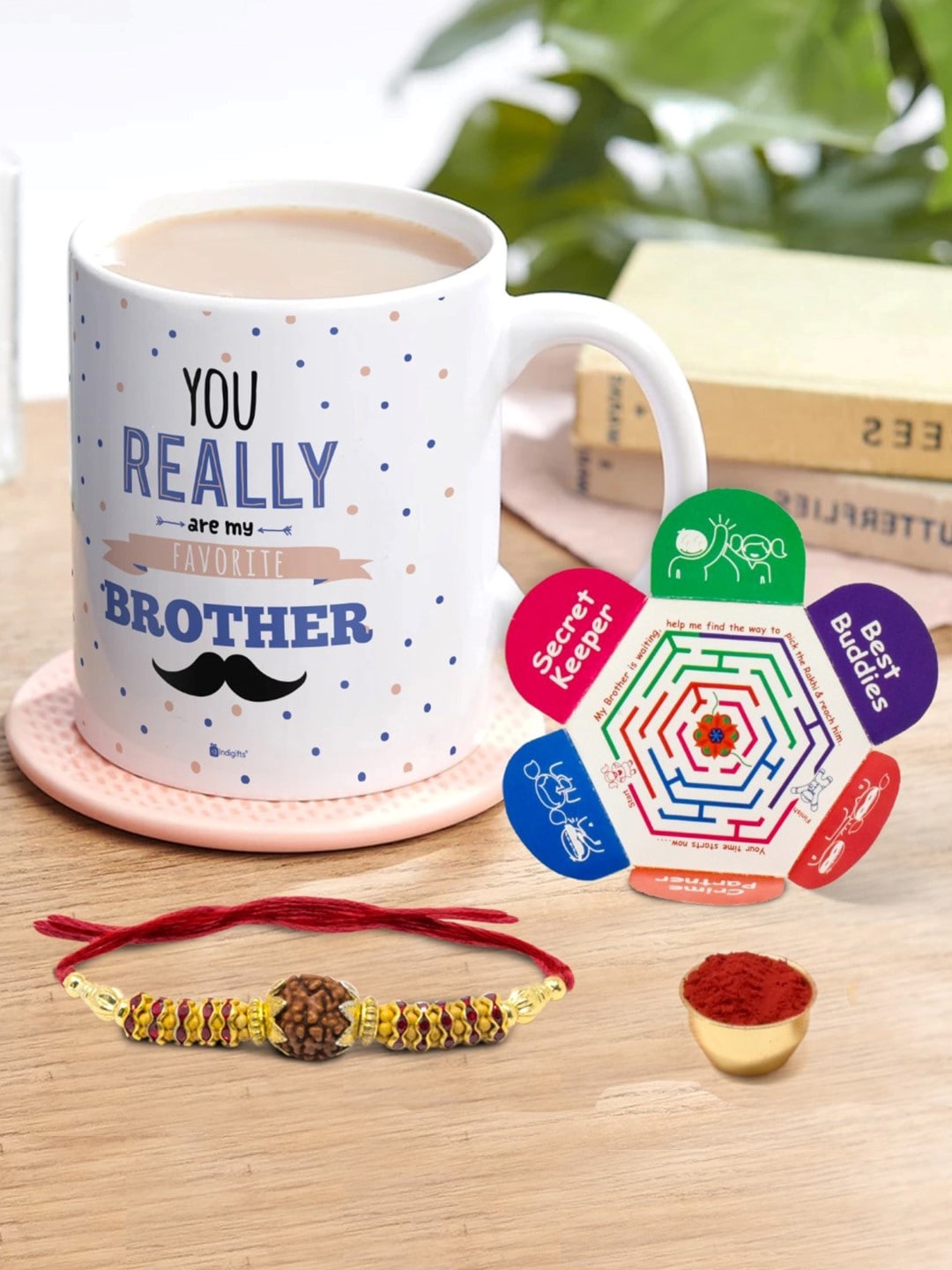 

Indigifts Far But Always Close Printed Ceramic Coffee Mug Cushion & Rakhi, Off white