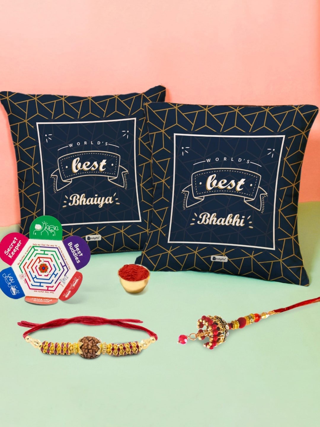 

Indigifts Best Bhaiya & Bhabhi Printed Cushion With Bhaiya Bhabhi Rakhi, Blue