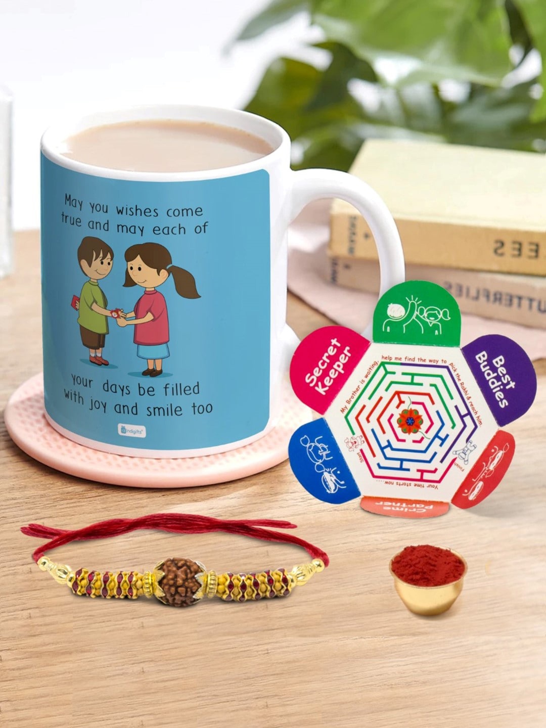 

Indigifts Printed Coffee Mug and Rakhi Gift Set, Blue