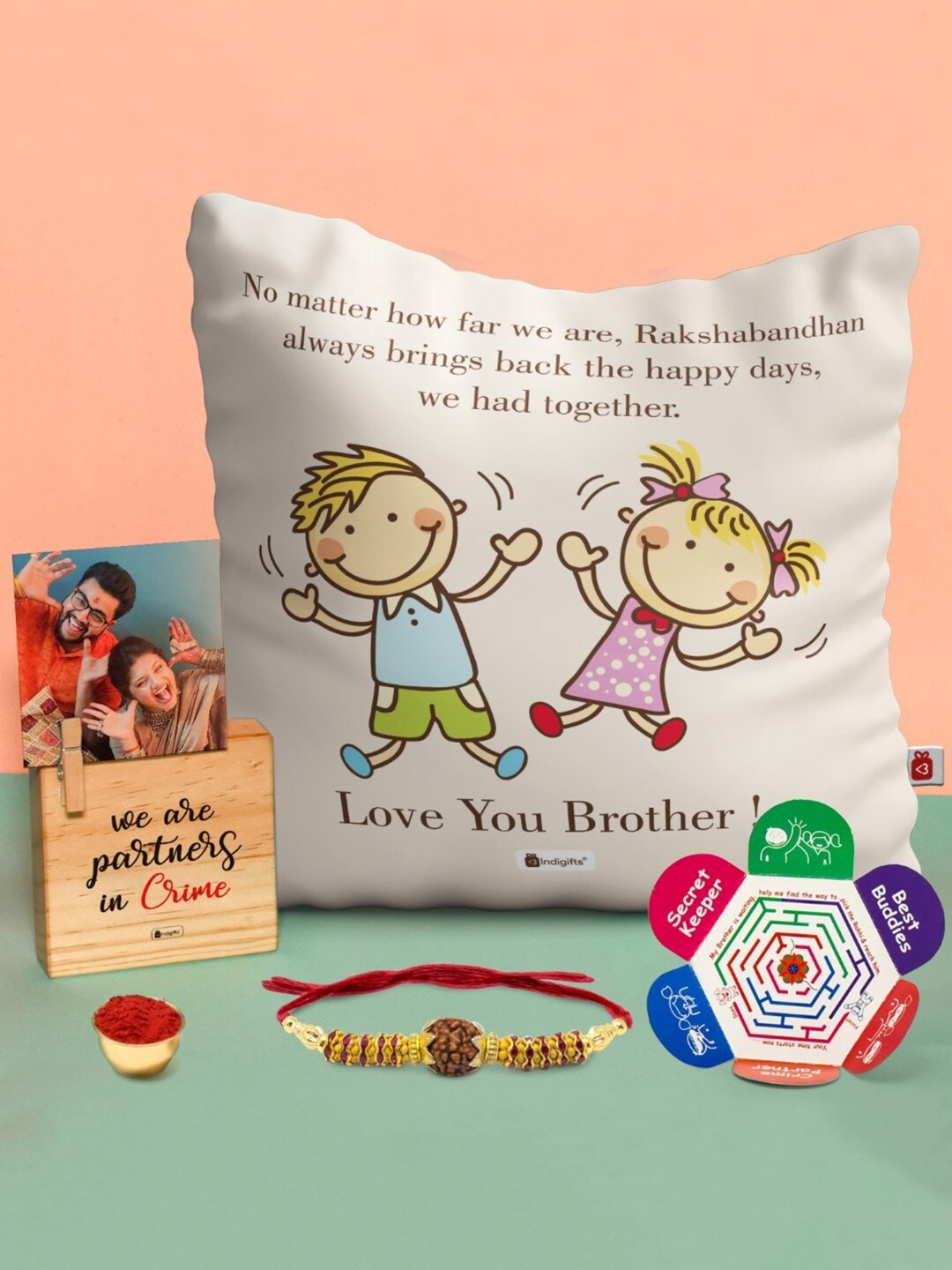 

Indigifts Set Of 5 Rudhrakshi Rakhi With Roli & Cushion with Photo Holder & Greeting Card, Off white