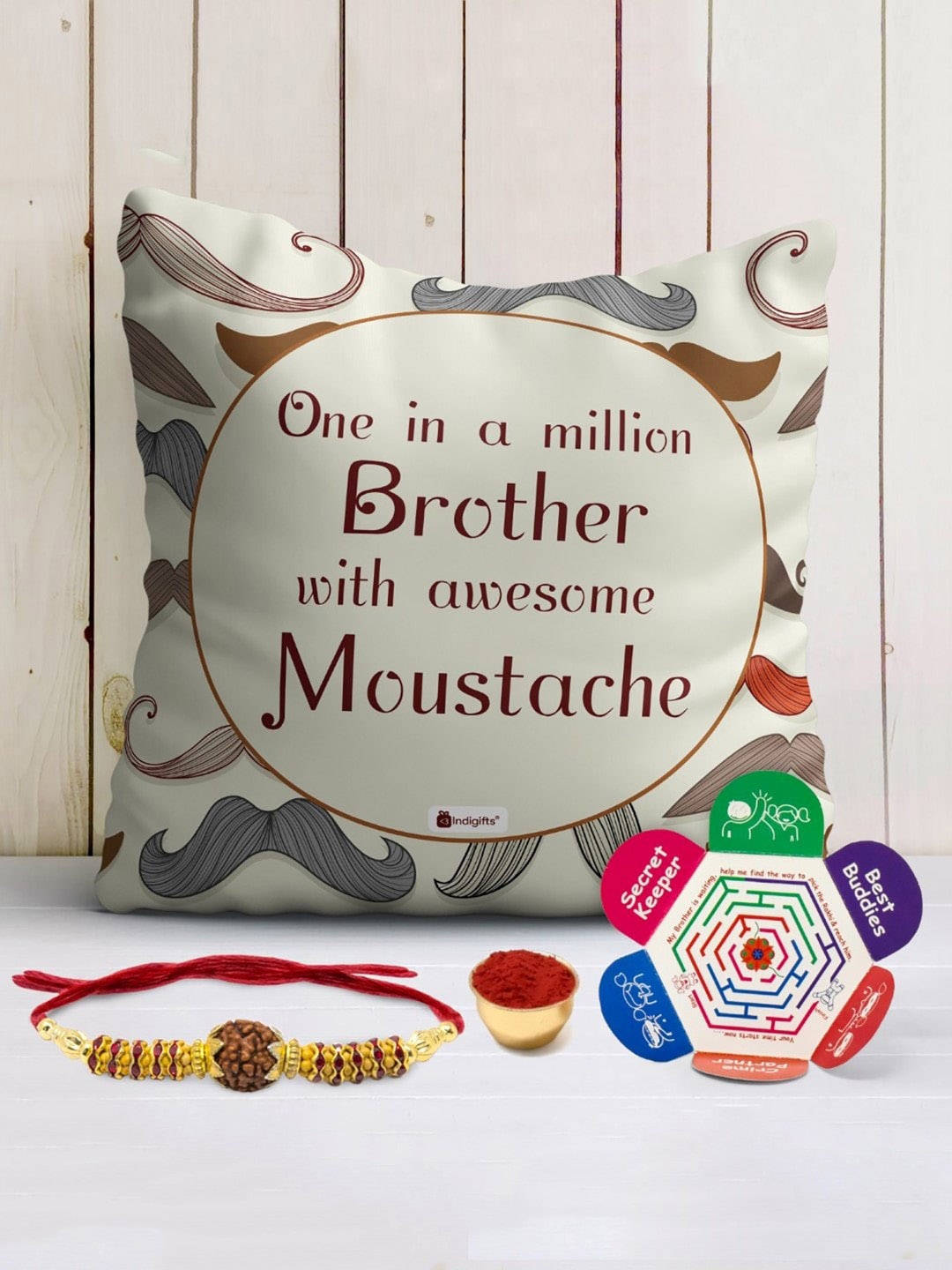 

Indigifts Brother Awesome in Moustache Printed Cushion Mug & Rakhi Gift Set, Off white