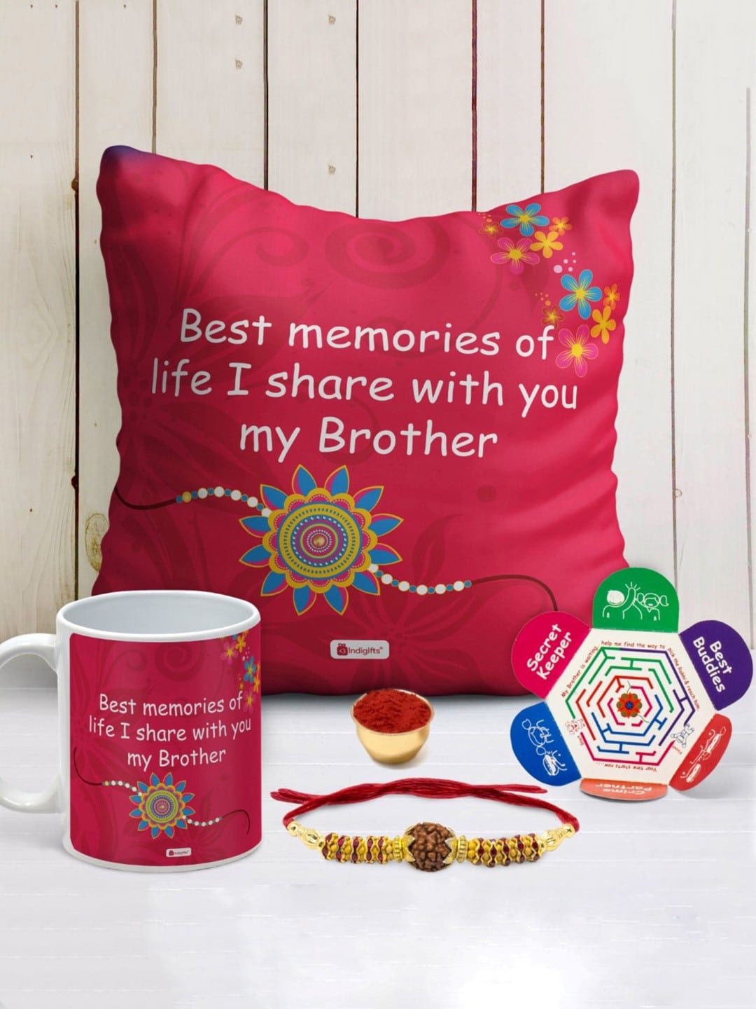 

Indigifts Rudraksha Rakhi With Printed Cushion & With Coffee Mug, Pink