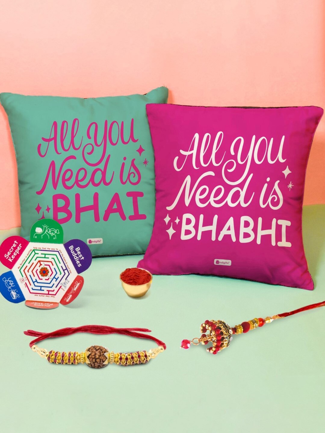 

Indigifts Rakhi With Printed Cushion Cover Gift Set, Blue