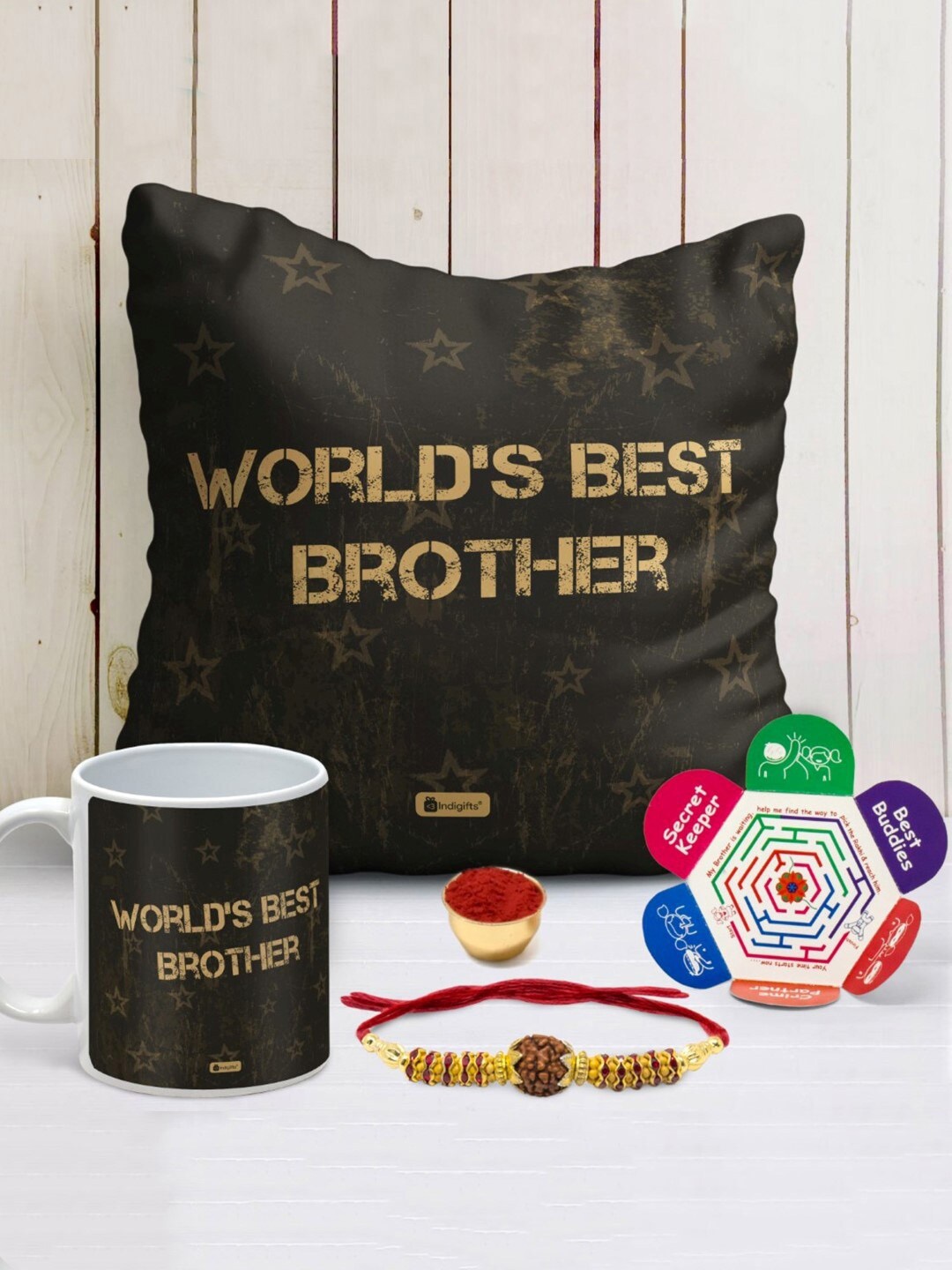 

Indigifts World's Best Brother Printed Cushion & Rakhi Gift Sets, Black