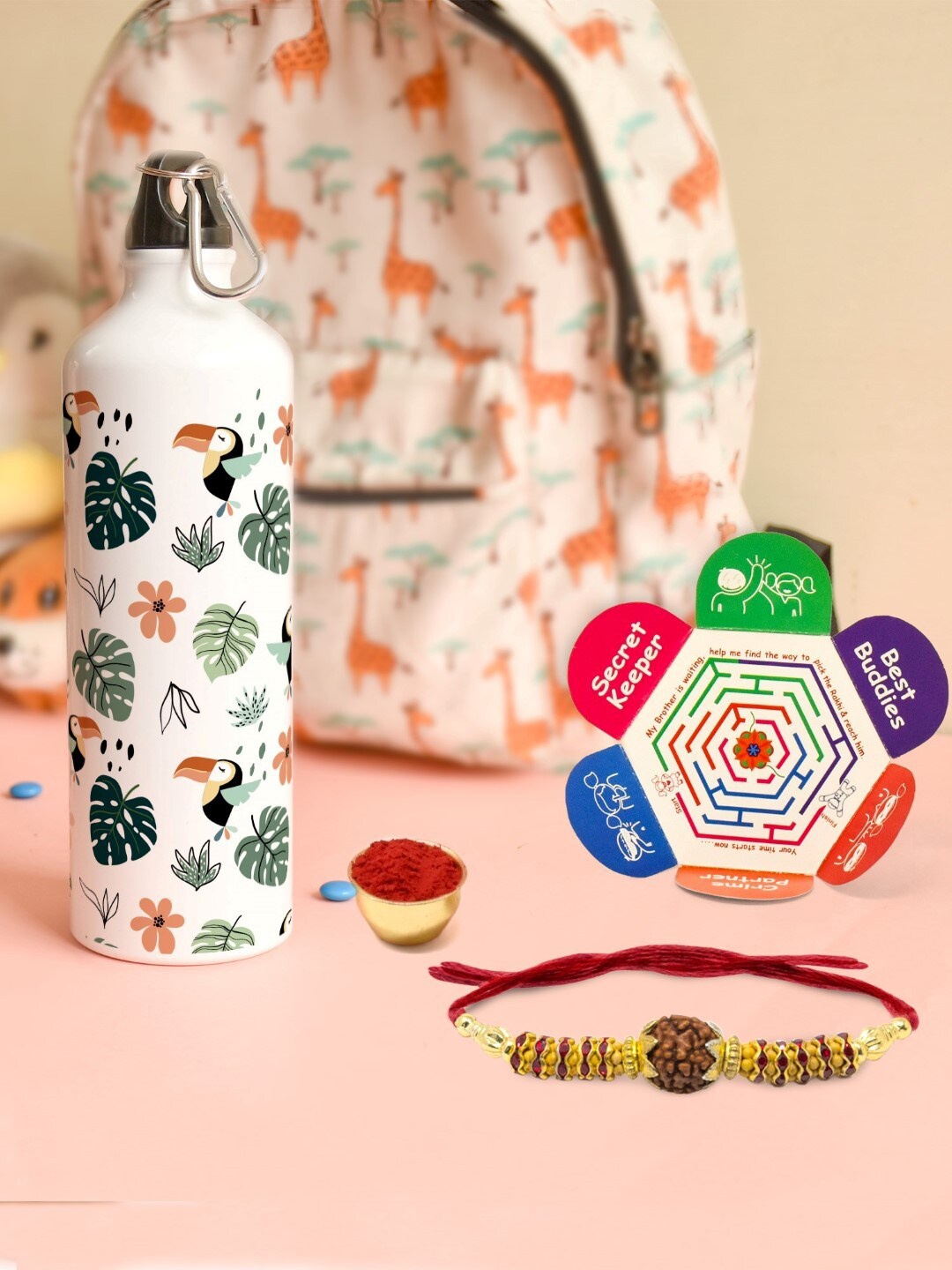 

Indigifts Tropical Leaves Printed Aluminium Water Bottle and Rakhi, White