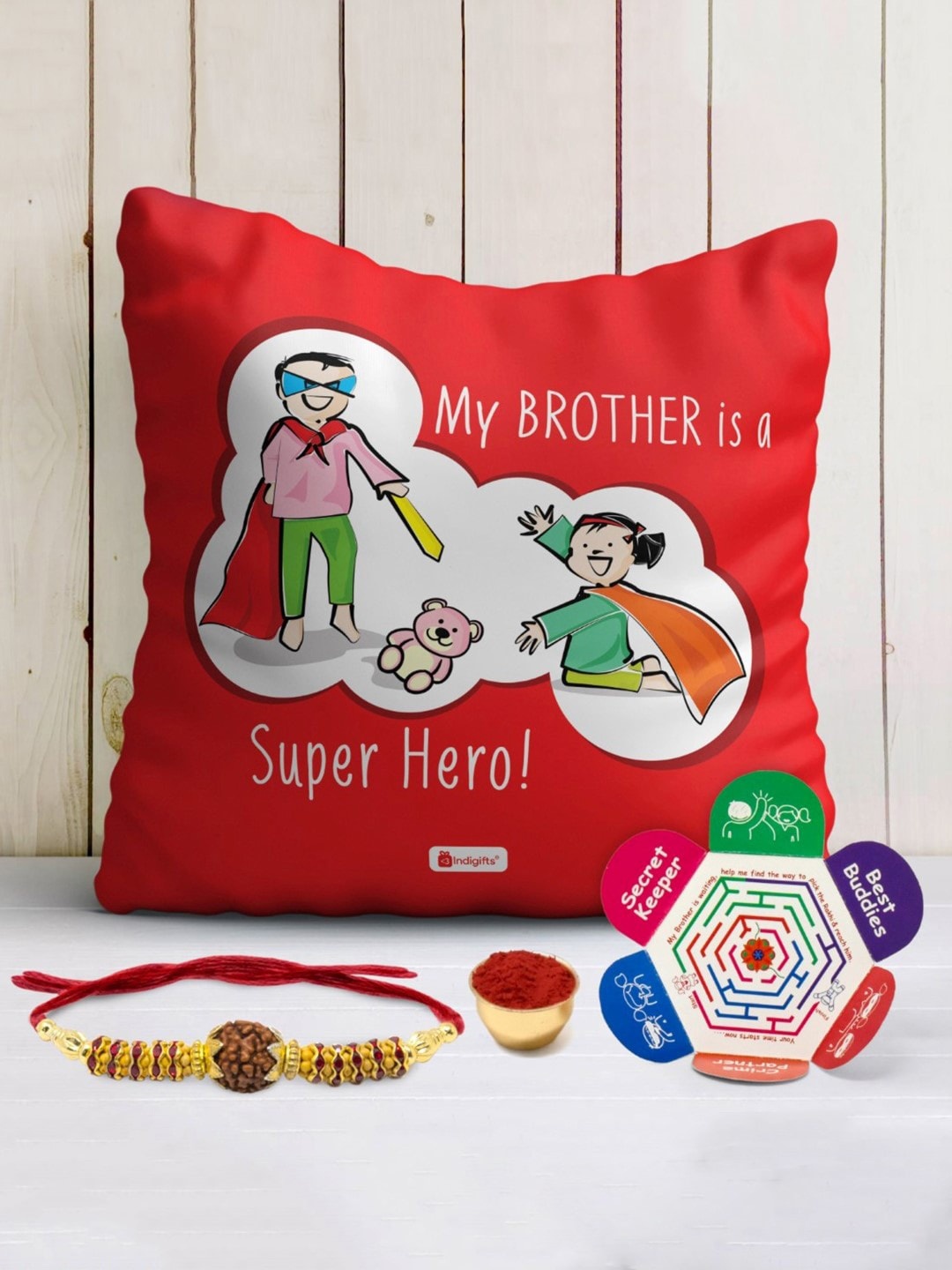 

Indigifts Rakhi With Printed Cushion Cover Gift Set, Red