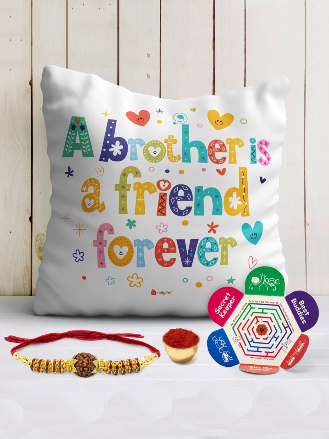 

Indigifts A Brother is a Friend Forever Printed Cushion, Mug & Rakhi Gift Set, White