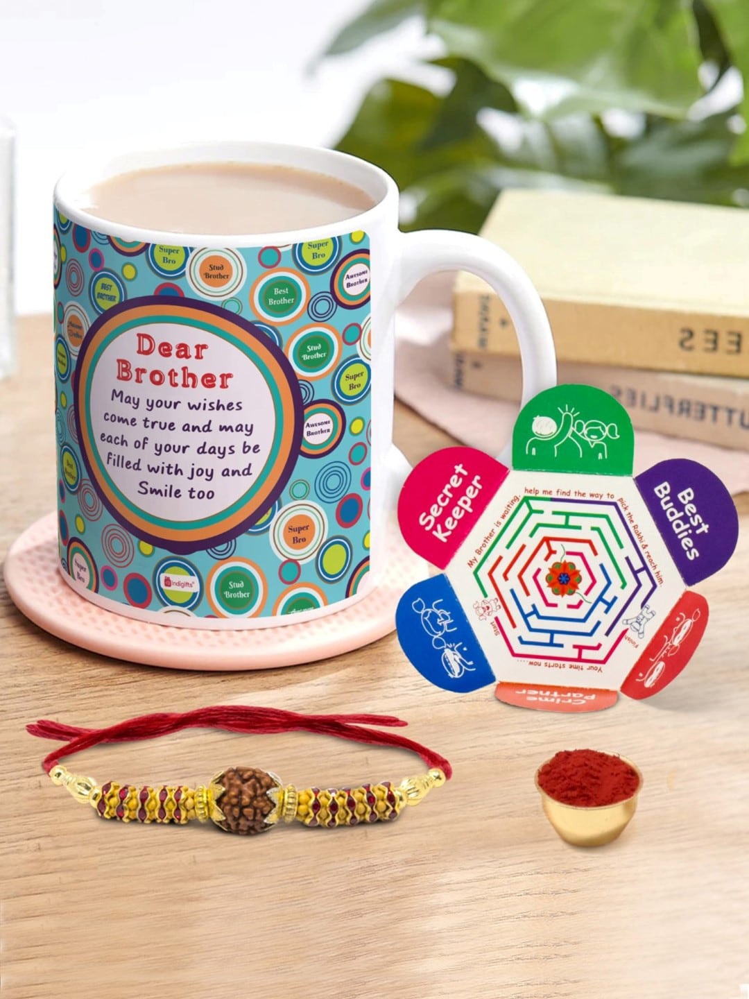 

Indigifts May All Your Wishes Come True Printed Ceramic Coffee Mug And Rakhi Gift Set, Blue