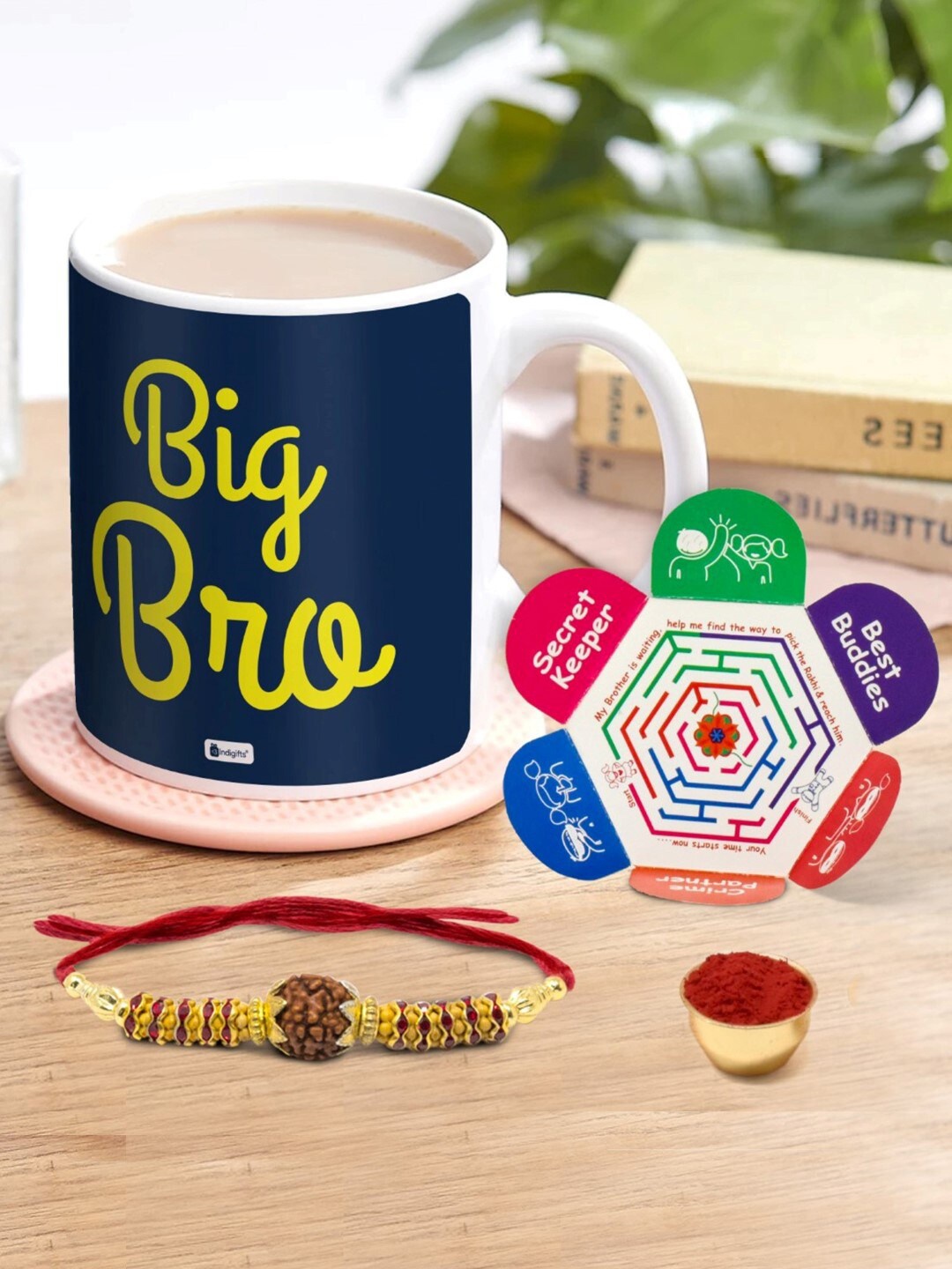 

Indigifts Rudraksha Rakhi With Printed Coffee Mug, Blue