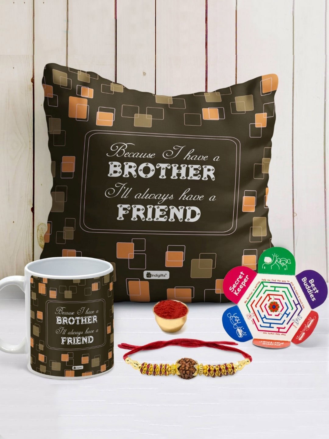 

Indigifts Rudraksha Rakhi With Printed Cushion & With Coffee Mug, Brown