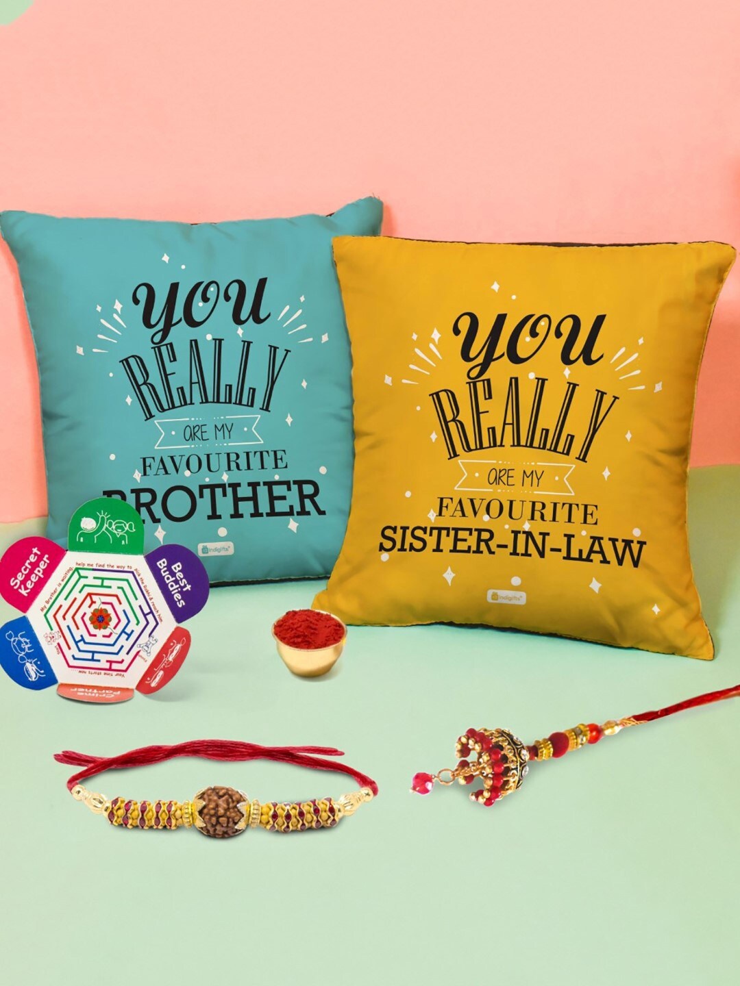 

Indigifts Rakhi With Printed Cushion Cover Gift Set, Yellow