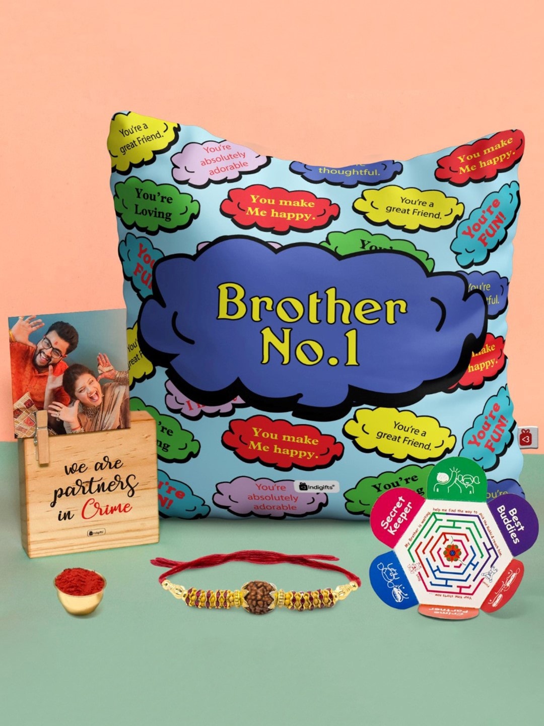 

Indigifts Brother No.1 Printed Cushion Photo Stand & Rakhi Gift Set, Blue