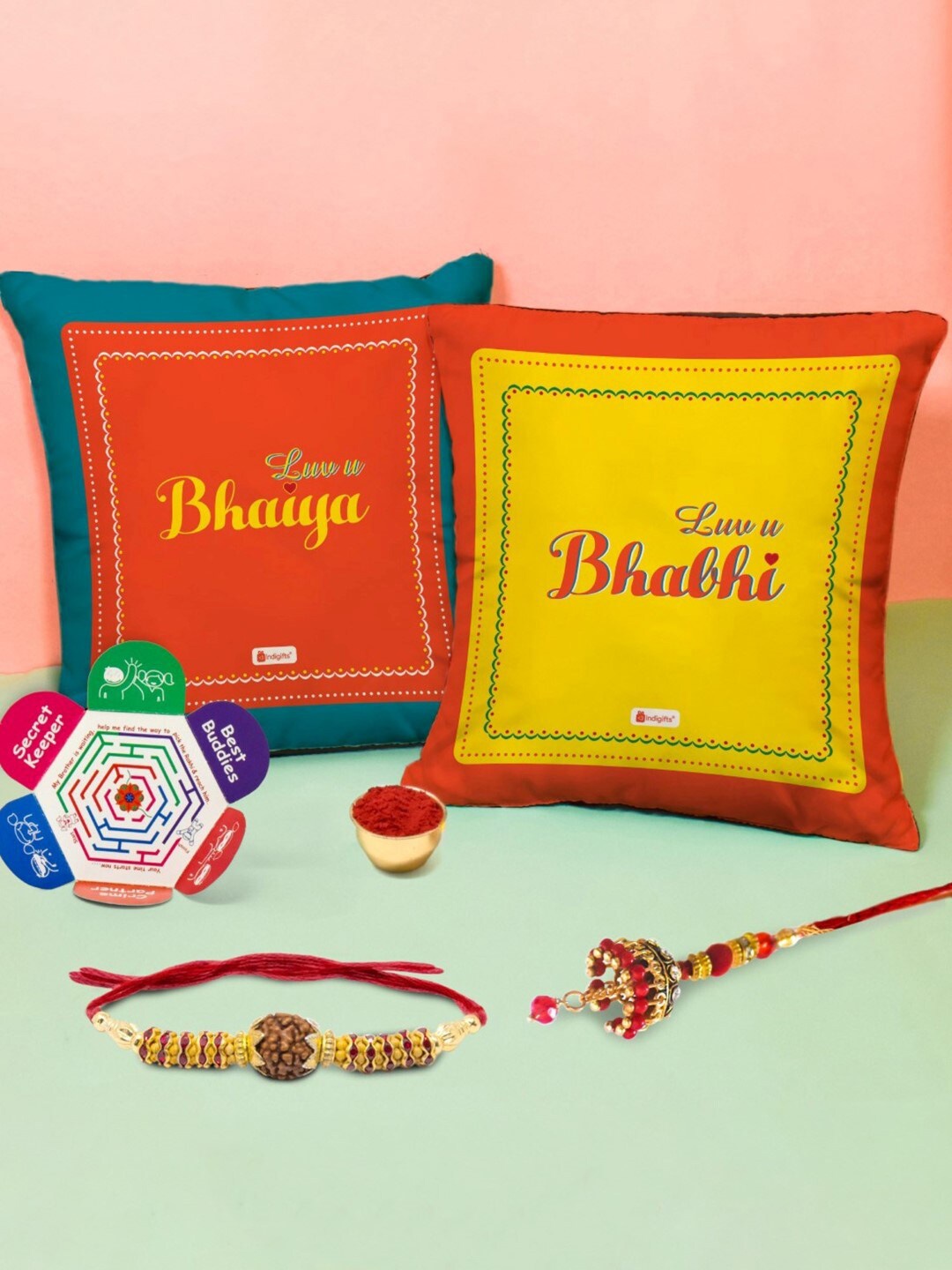 

Indigifts Bhaiya Bhabhi Rudraksha Rakhi With 2 Cushions, Multi