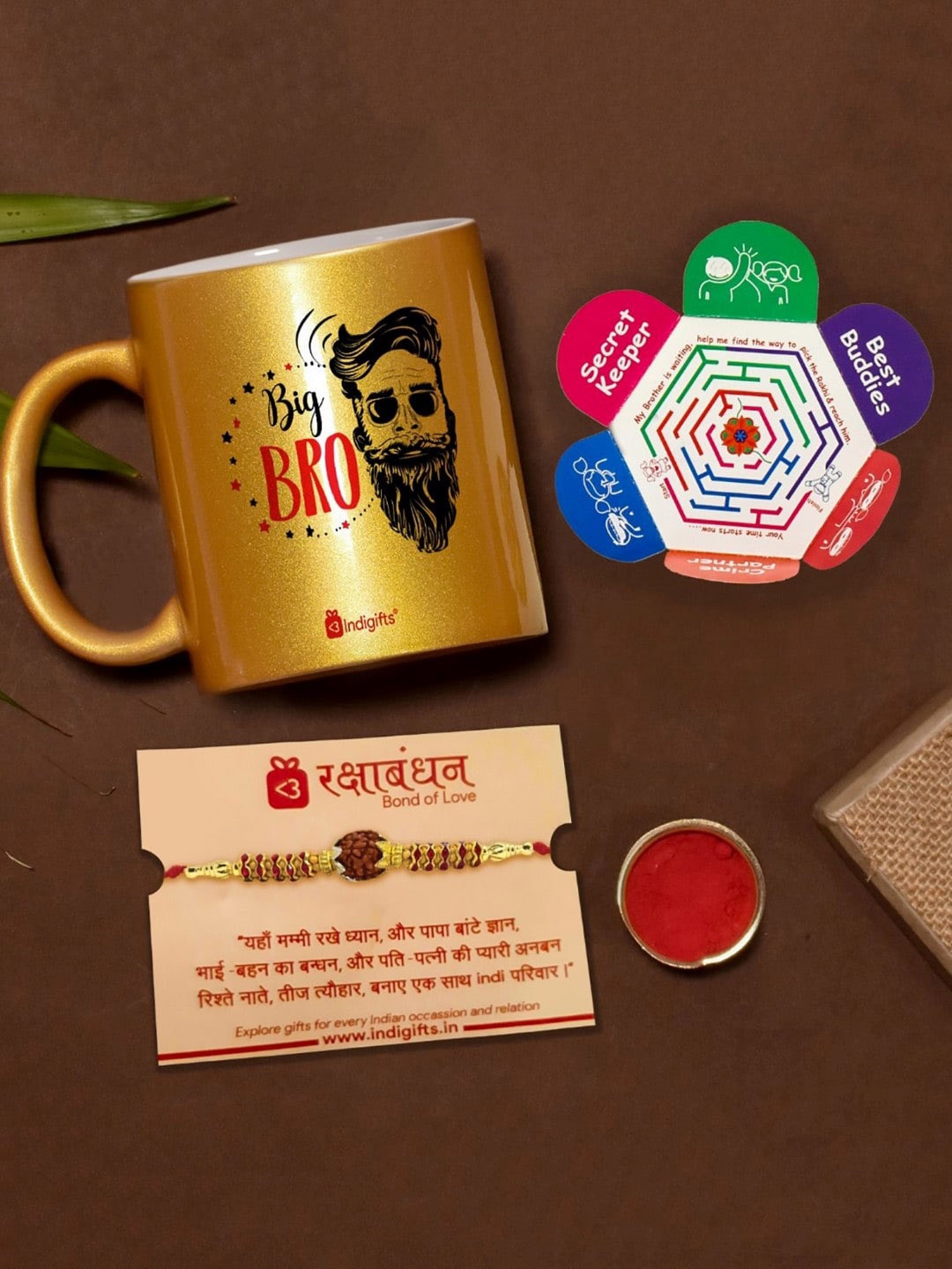 

Indigifts Big Bro Quote Printed Ceramic Coffee Mug and Rakhi Gift Set, Gold