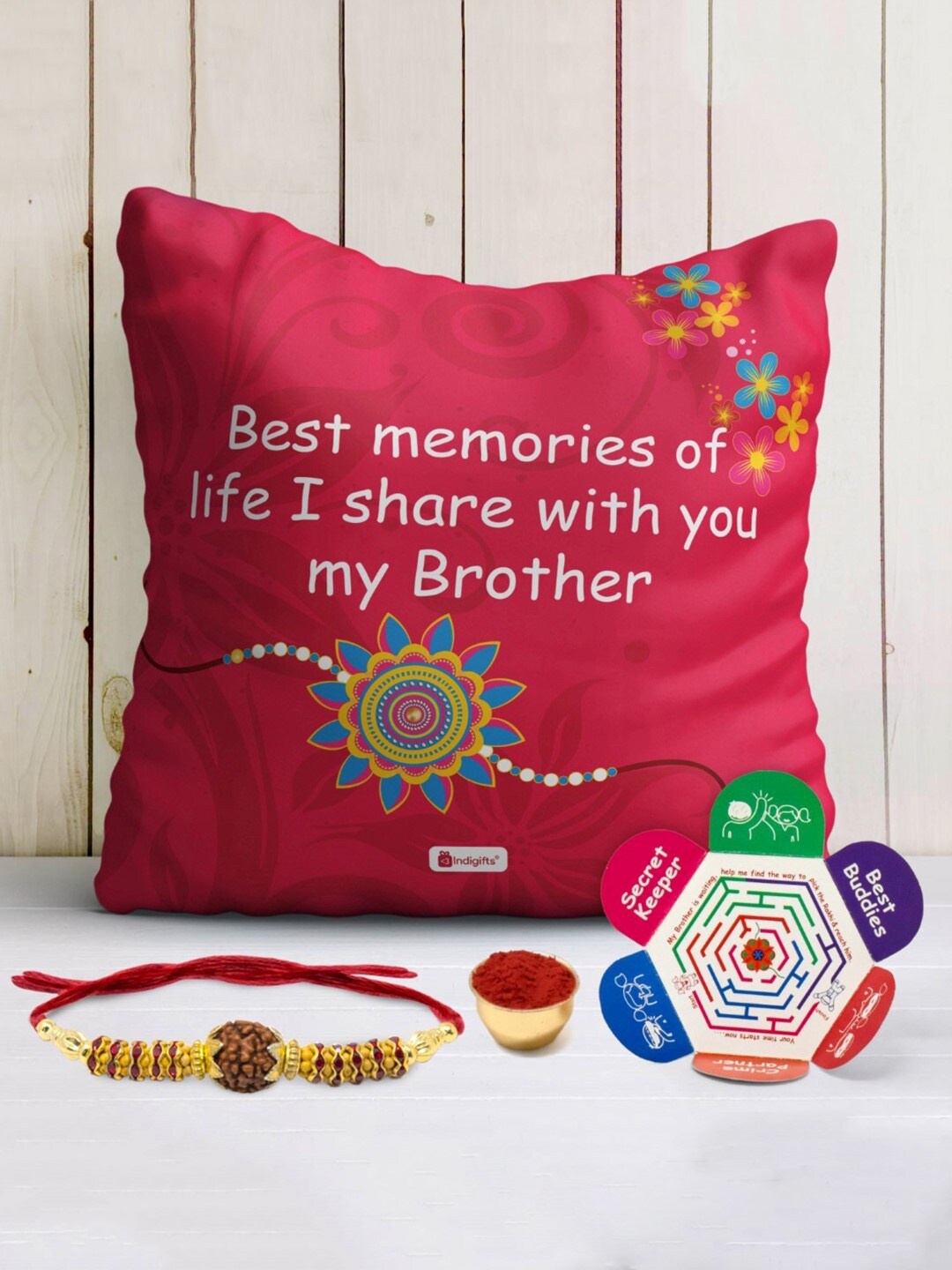

Indigifts Best Memories Quote Printed Cushion With Rakhi, Red
