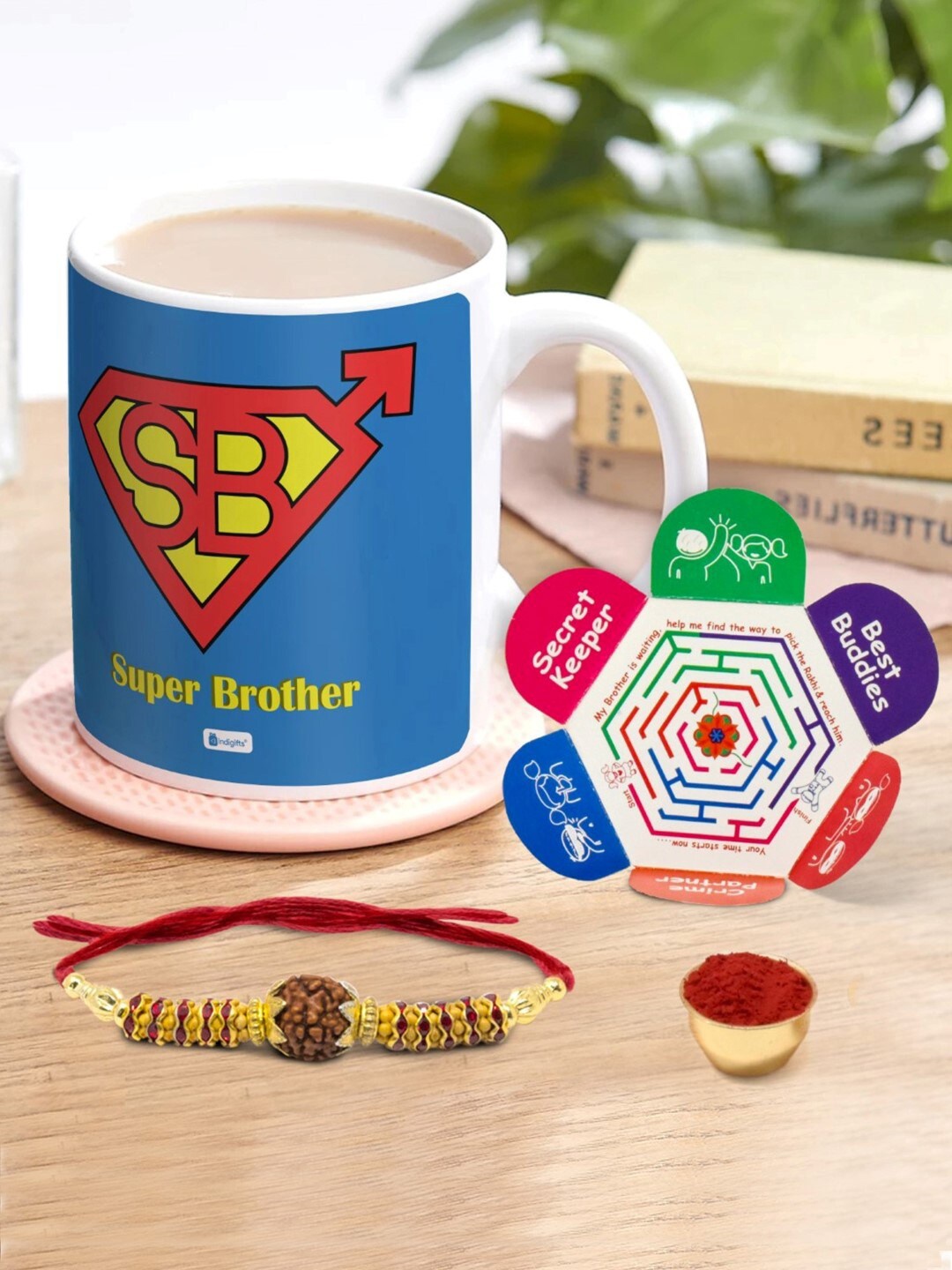 

Indigifts Super Brother Printed Ceramic Coffee Mug and Rakhi Gift Set, Blue