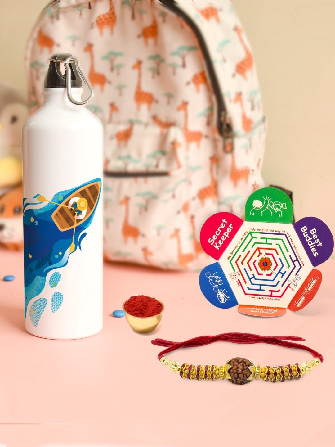 

Indigifts Rudraksha Rakhi With Printed Aluminium Water Bottle, White
