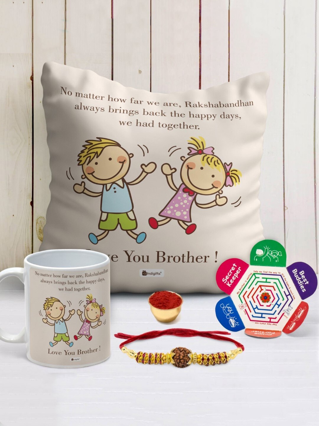 

Indigifts Far But Always Close Printed Ceramic Coffee Mug Cushion & Rakhi, Off white