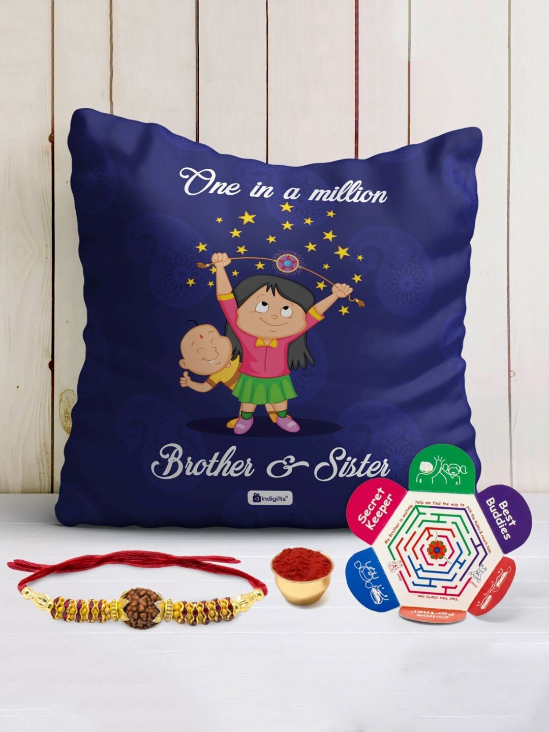 

Indigifts Rudraksha Rakhi With Printed Cushion, Blue