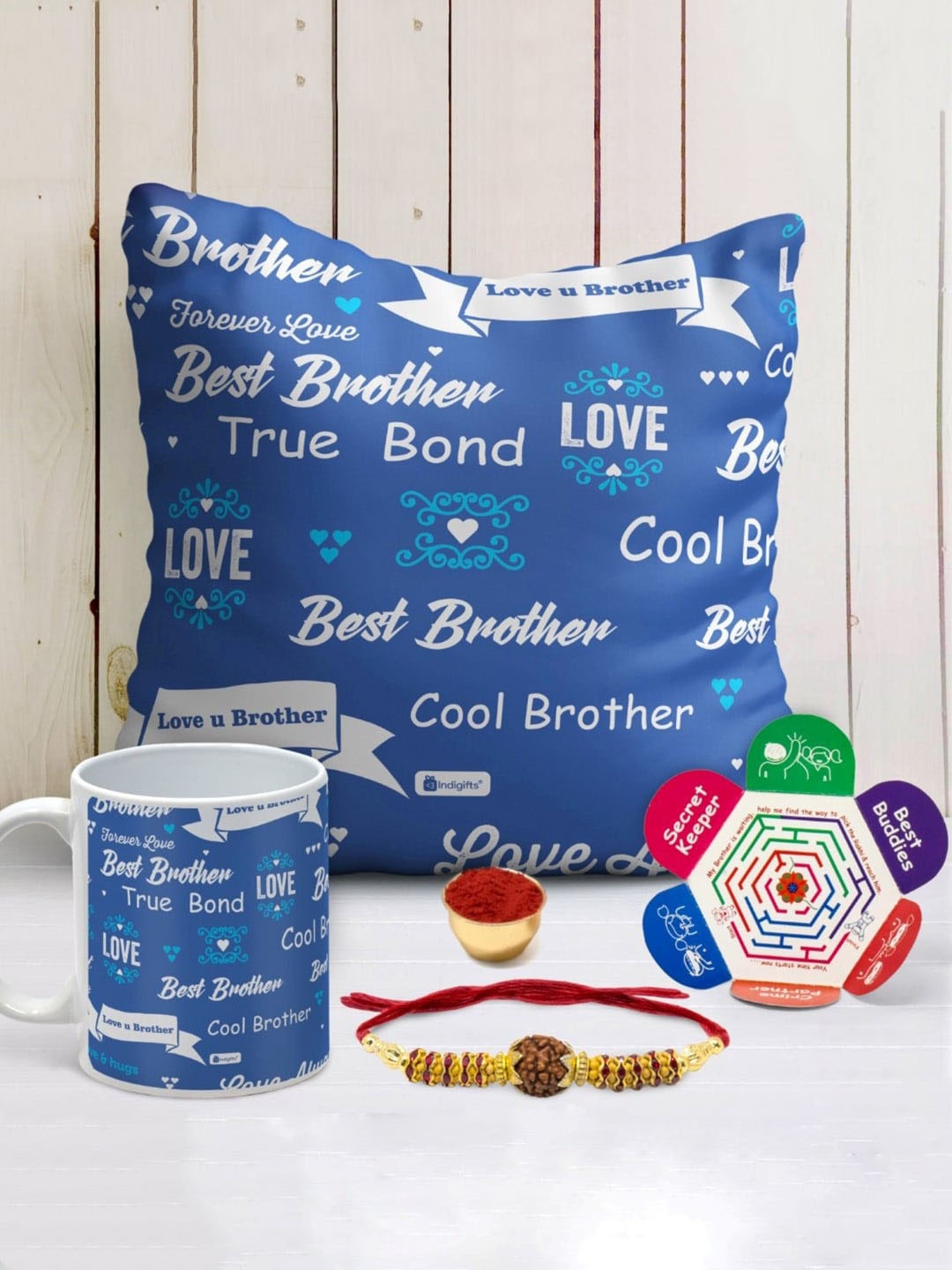 

Indigifts Set Of 3 Blue Brother True Bond Printed Blue Ceramic Mug With Cushion & Rakhi