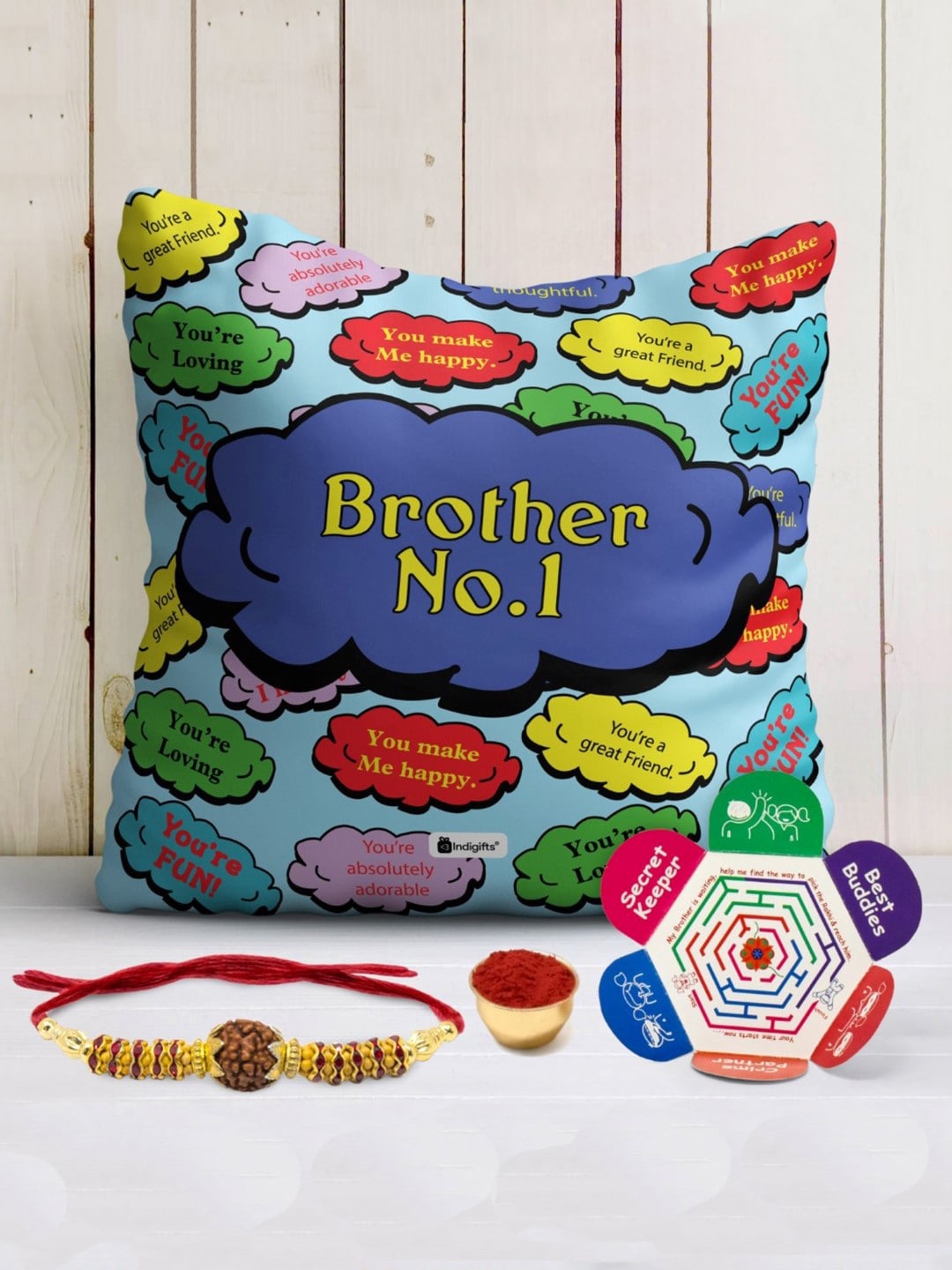 

Indigifts Brother No.1 Printed Cushion And Rakhi Gift Set, Blue