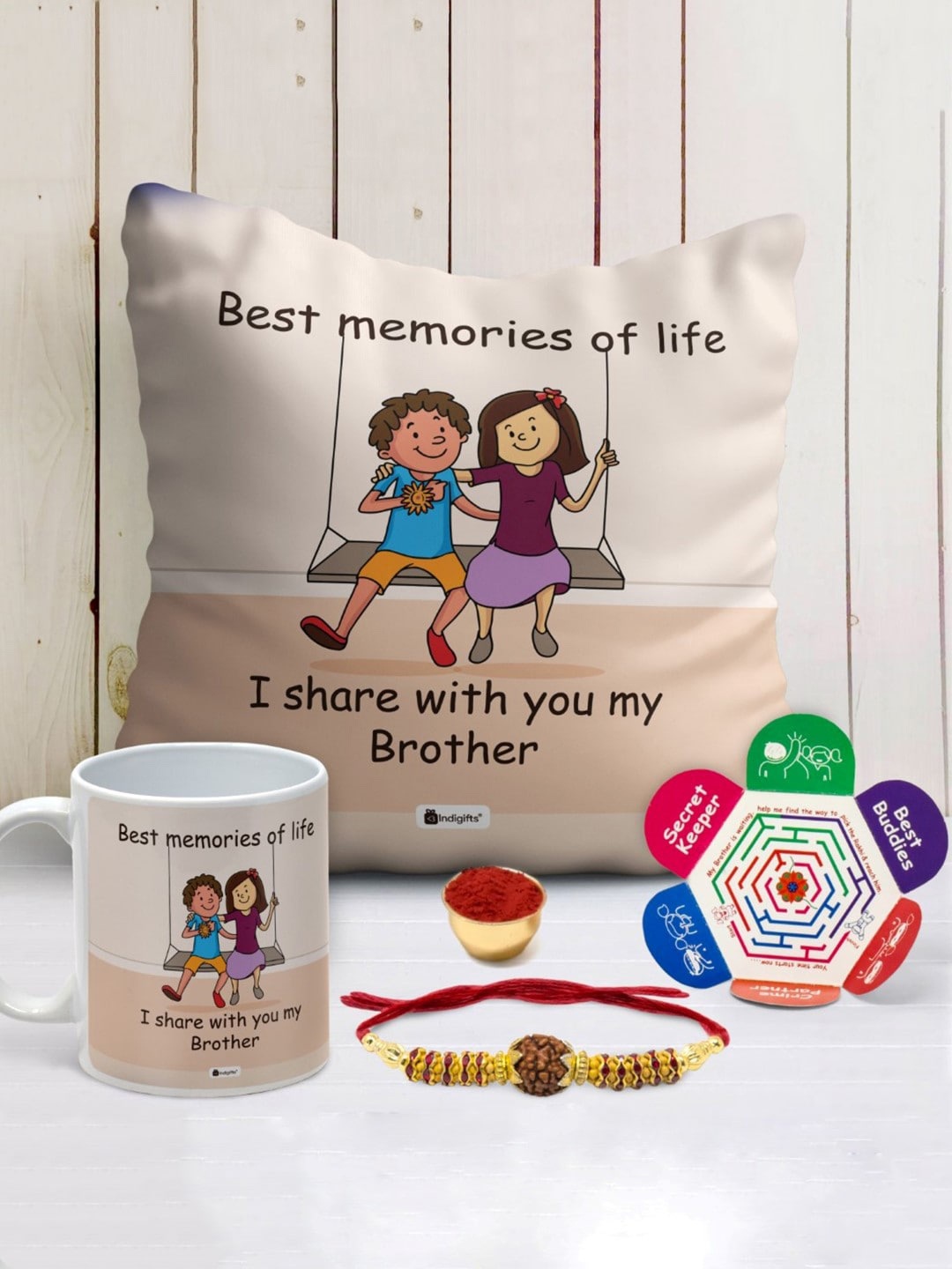 

Indigifts Rudraksha Rakhi With Printed Cushion & With Coffee Mug, Off white