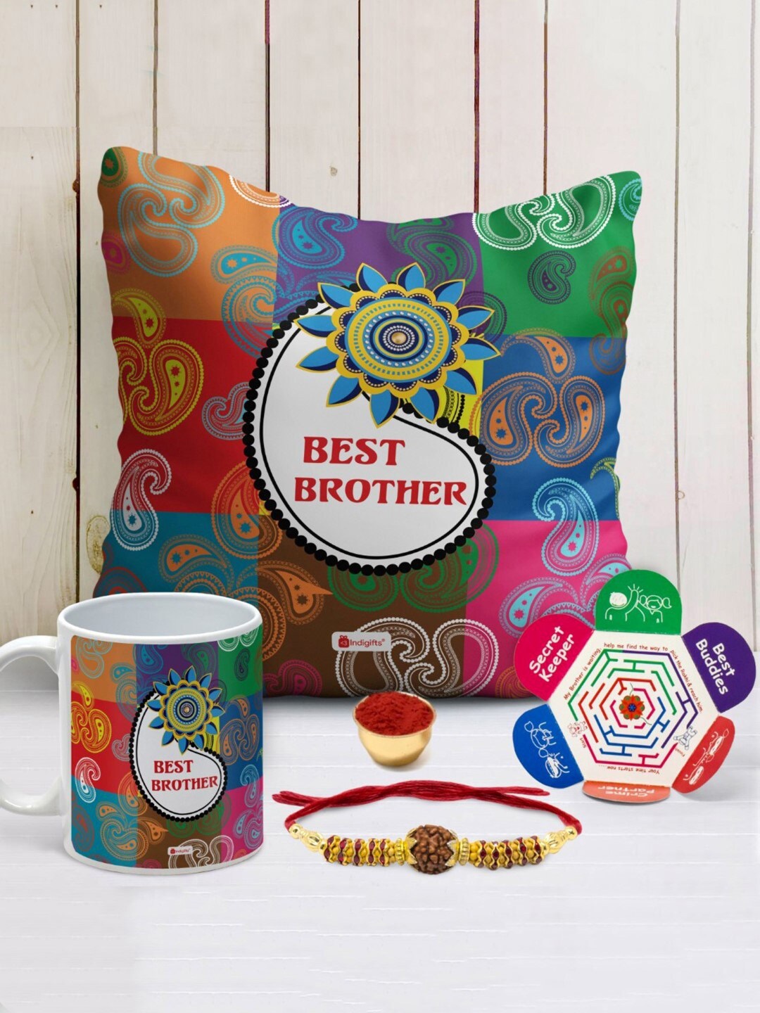 

Indigifts Rudraksha Rakhi With Printed Cushion & With Coffee Mug, Green