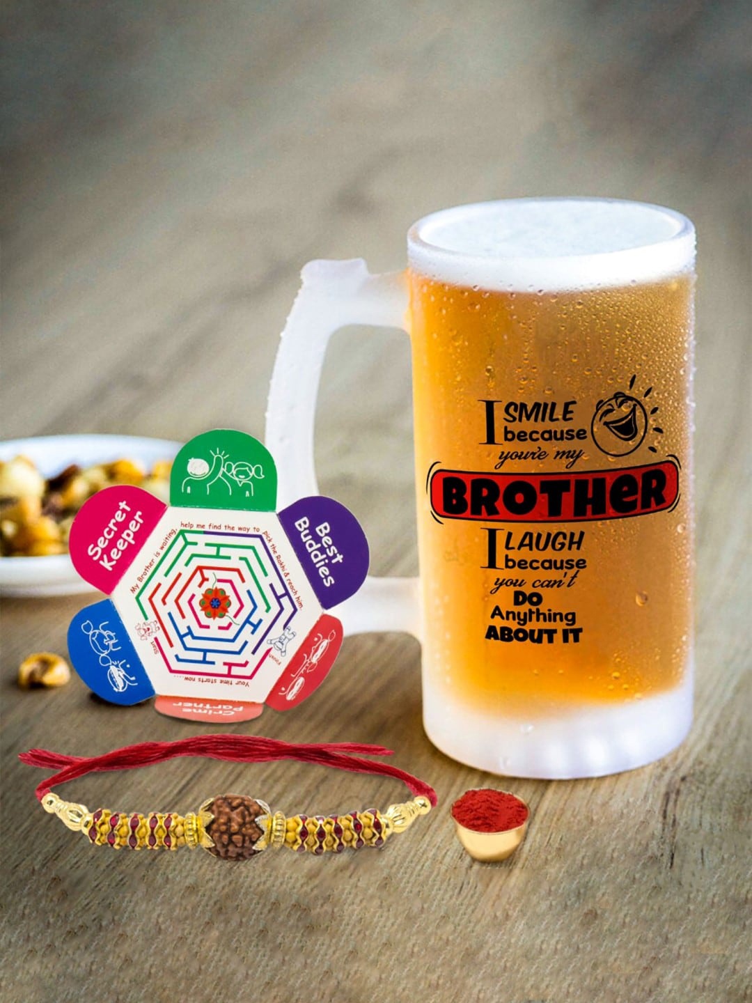 

Indigifts White Quote Printed Frosted Beer Mug and Rakhi Gift Set