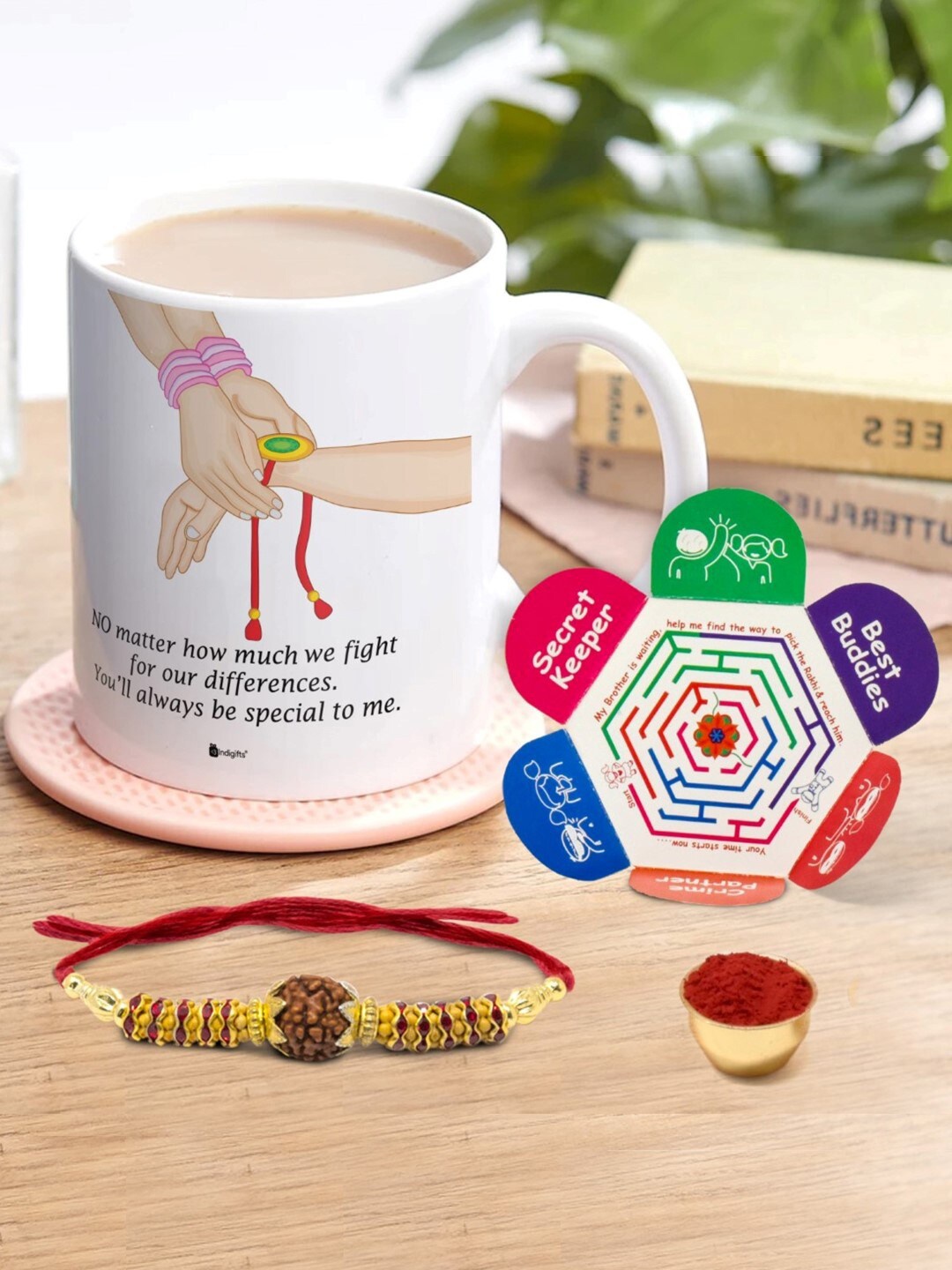 

Indigifts Rudraksha Rakhi With Printed Coffee Mug, Off white