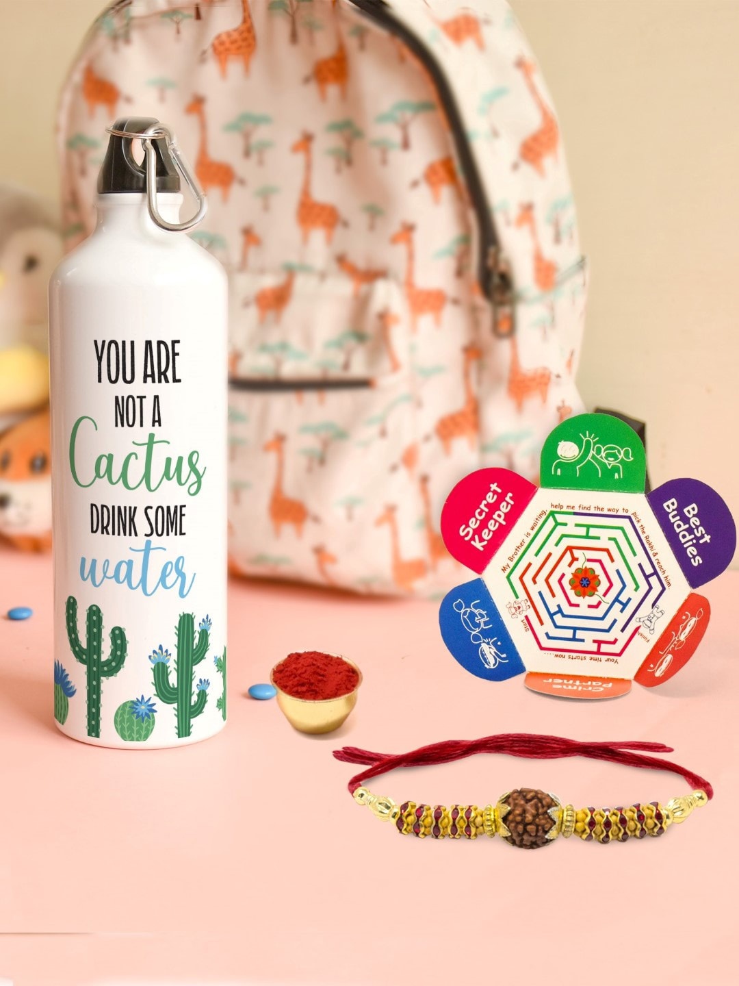 

Indigifts You Are Not A Cactus Printed Rakhi & Water Bottle, White