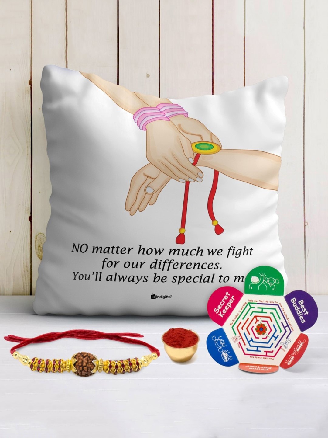 

Indigifts Rudraksha Rakhi With Printed Cushion, White