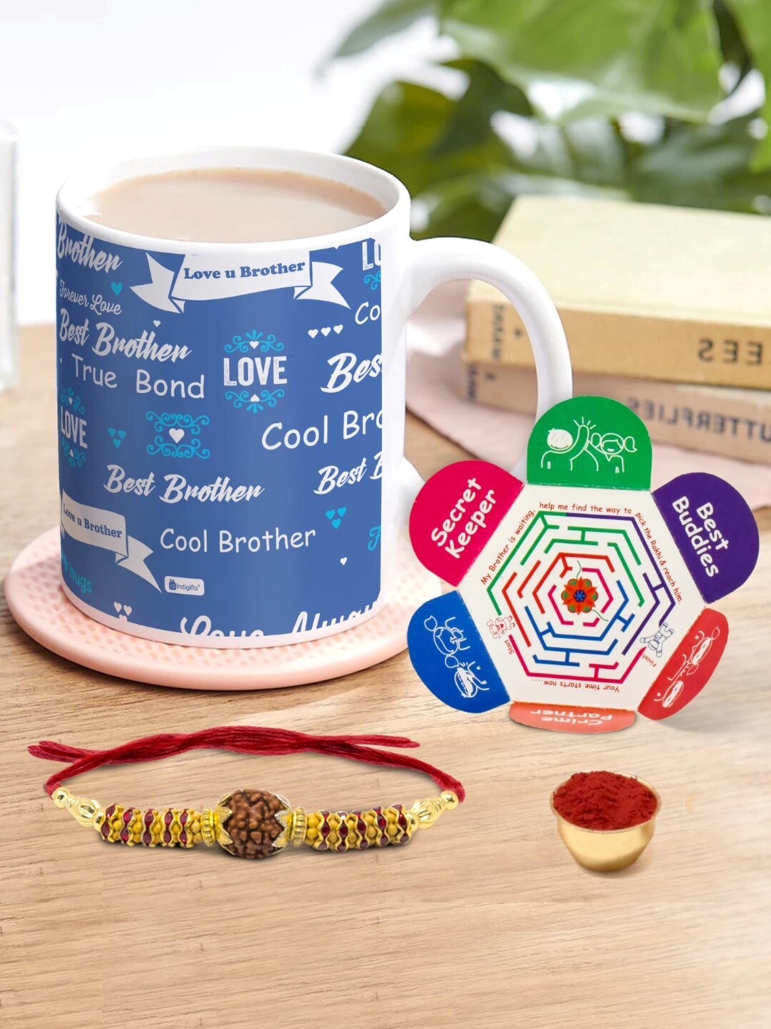 

Indigifts Best Bhaiya Printed Ceramic Coffee Mug with Rudraksha Rakhi, Blue