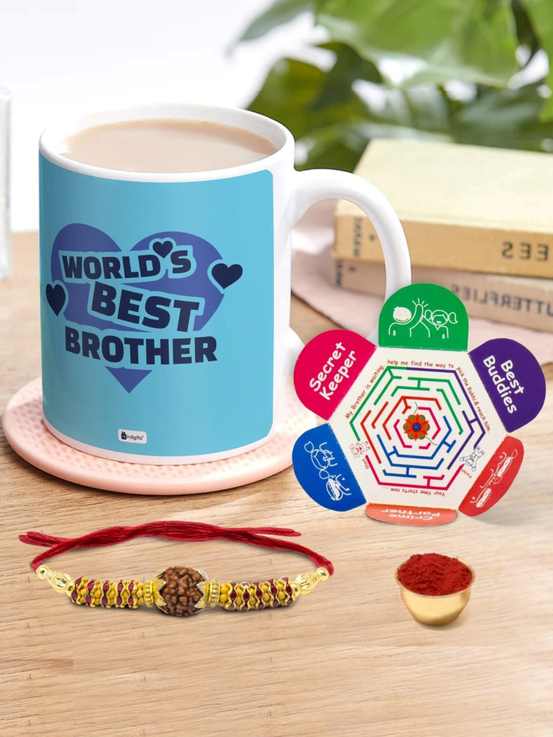 

Indigifts World's Best Bro Printed Coffee Mug With Rakhi, Blue