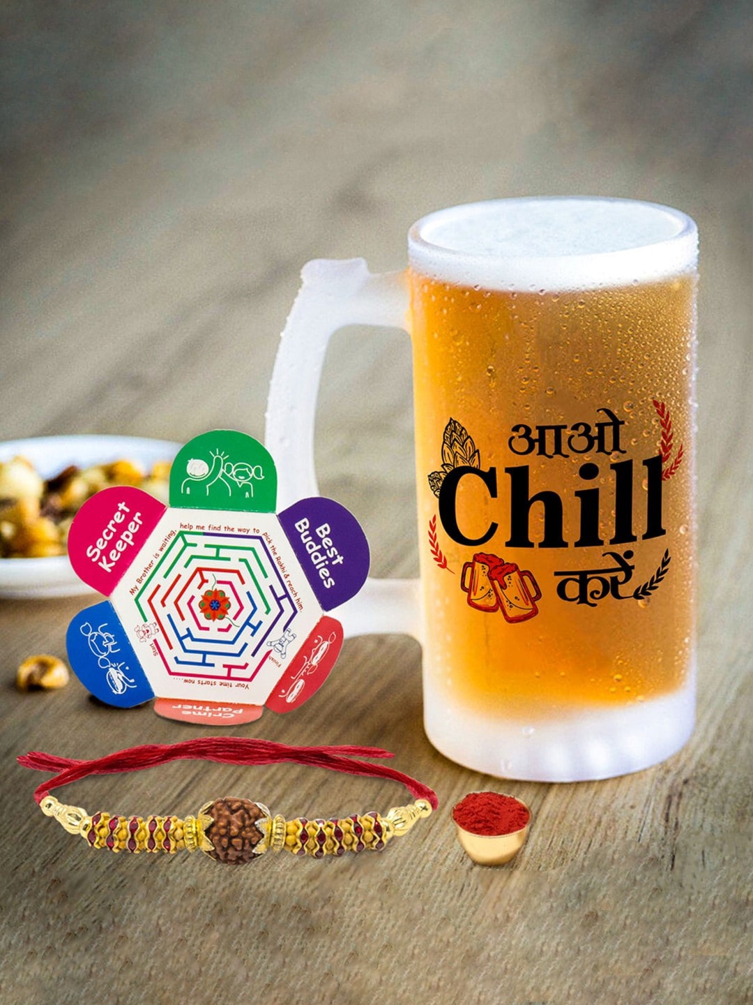 

Indigifts Set Of 2 Aao Chill Karein Printed Frosted Beer Mug and Rakhi, Transparent