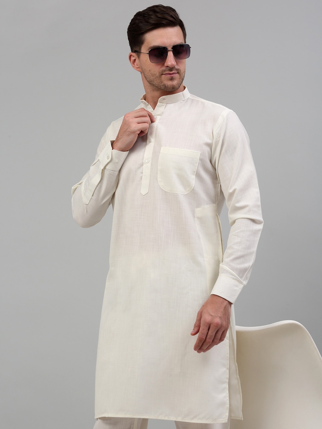 

Jompers Band Collar Long Sleeves Kurta with Churidar, White