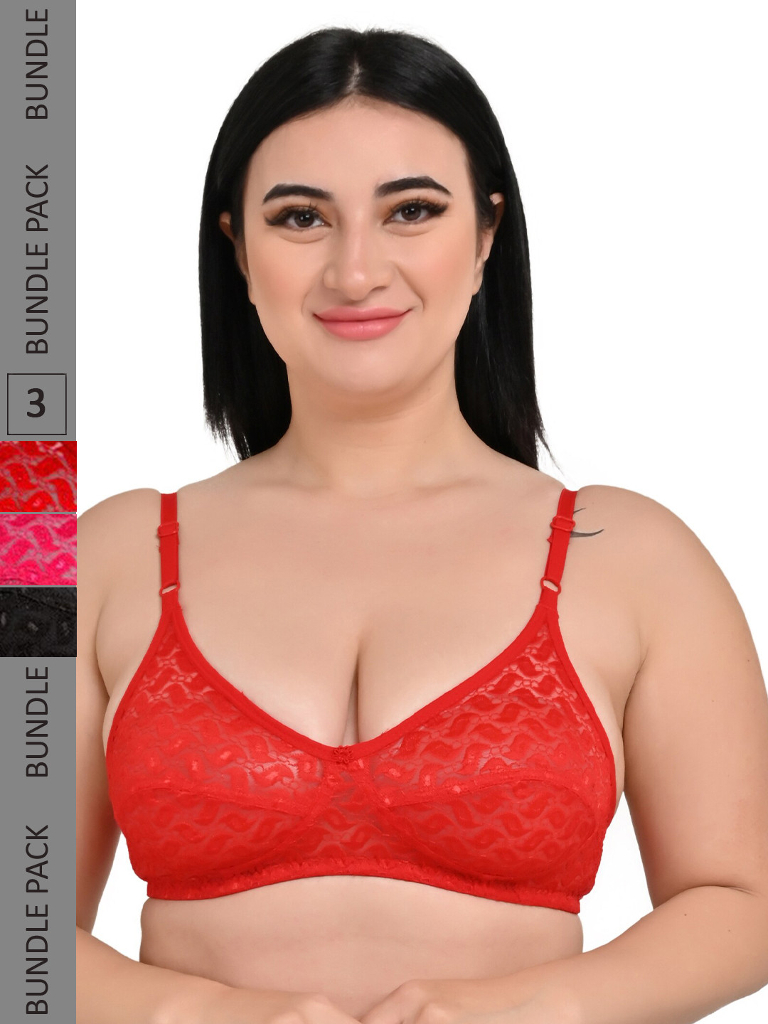 

Piylu Pack Of 3 Floral All Day Comfort Full Coverage Bralette Bra, Red