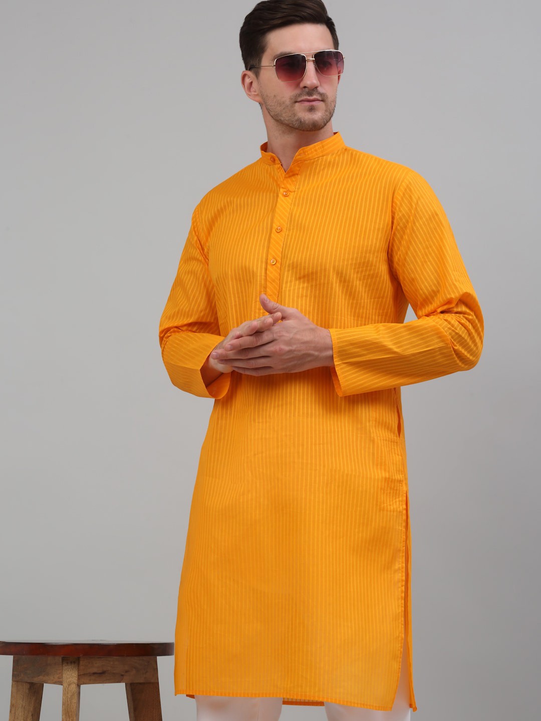 

Jompers Striped Mandarin Collar Pure Cotton Kurta, Mustard