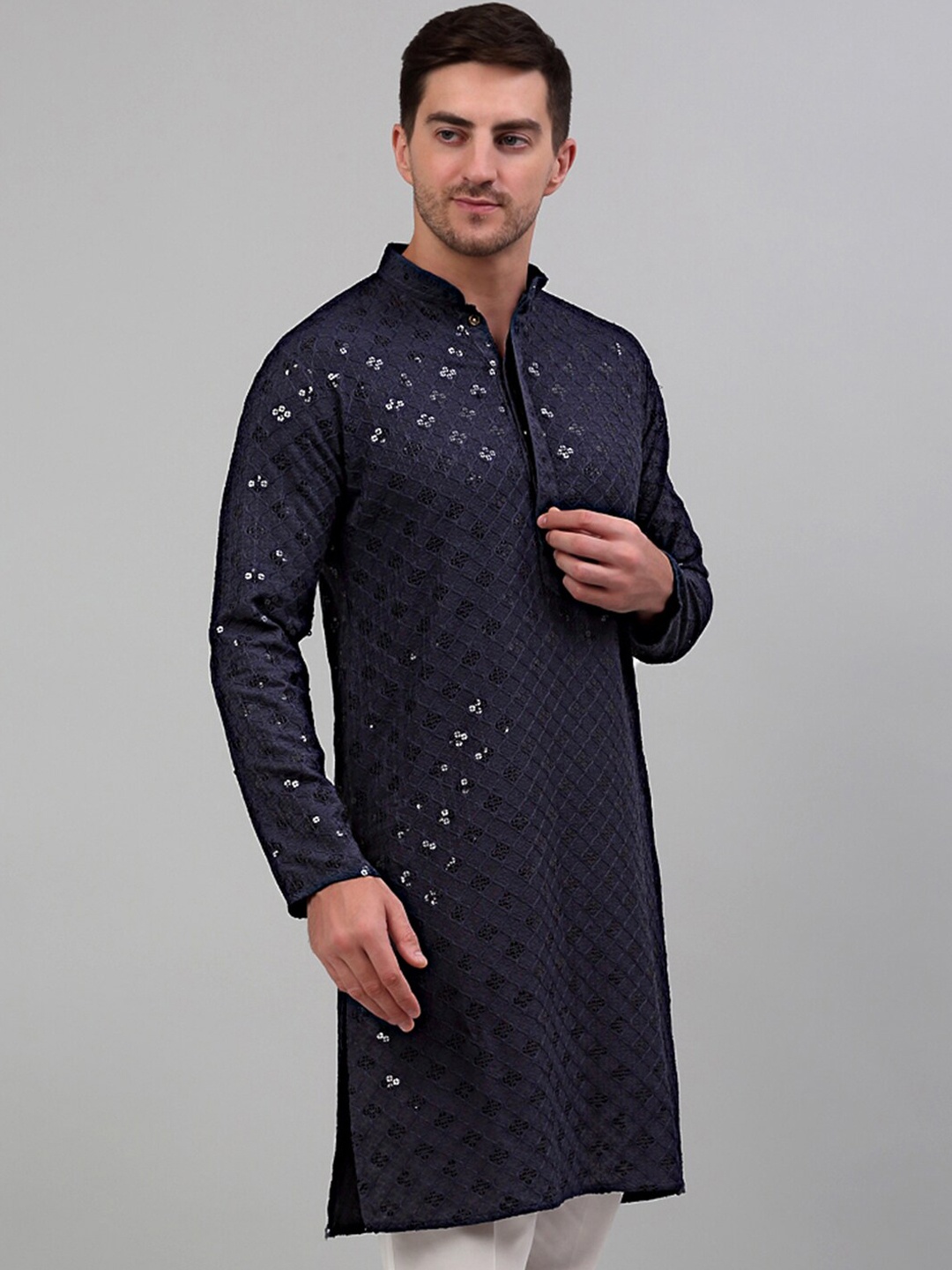 

Jompers Mandarin Collar Embroidered Kurta, Grey