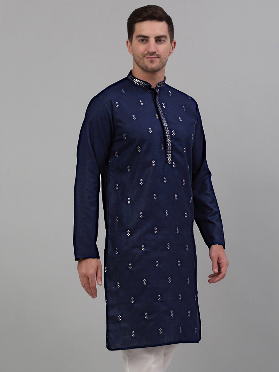 

Jompers Embroidered Mandarin Collar Sequins Pure Cotton Kurta, Navy blue