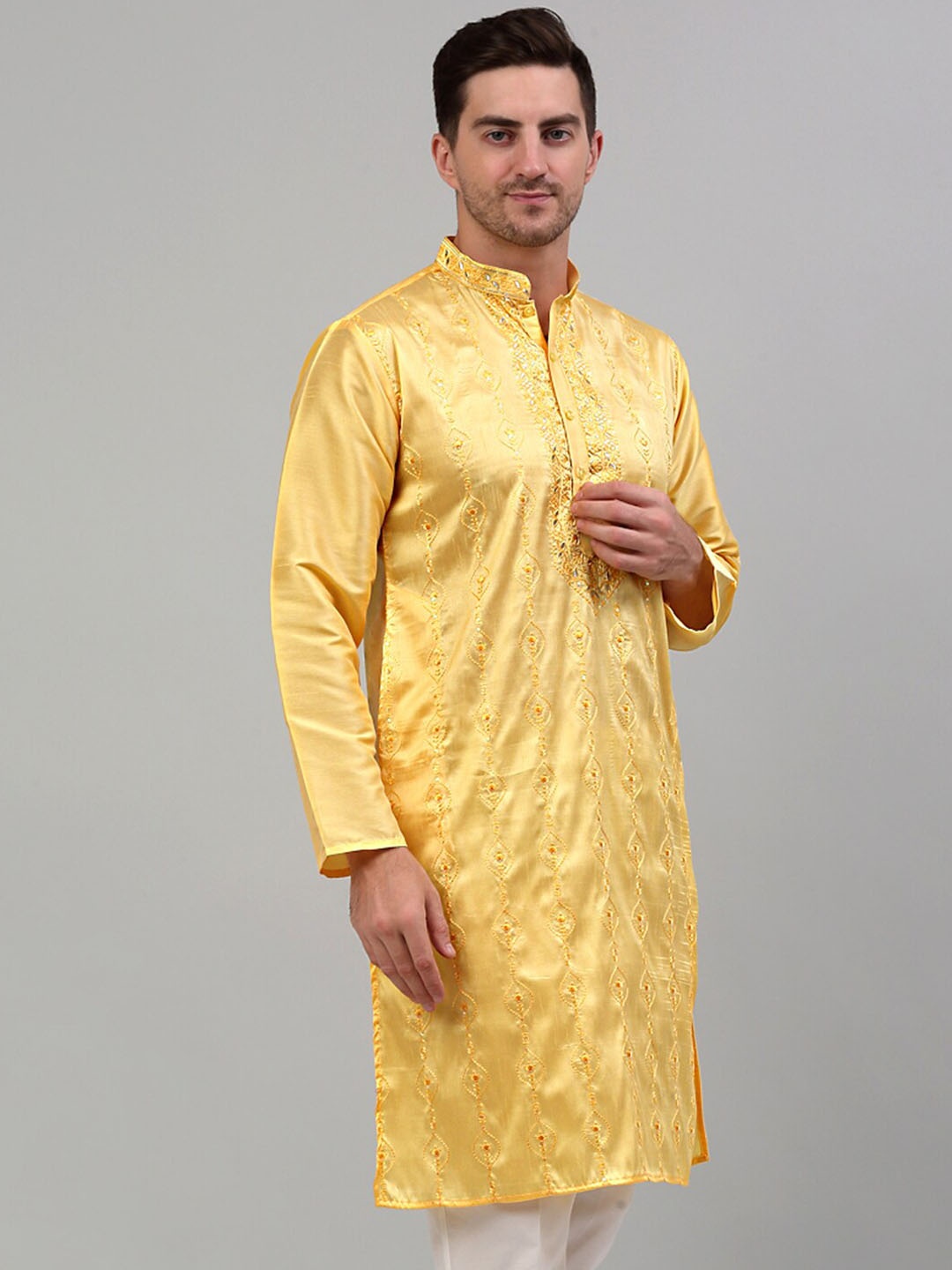 

Jompers Embroidered Mandarin Collar Thread Work Kurta, Yellow