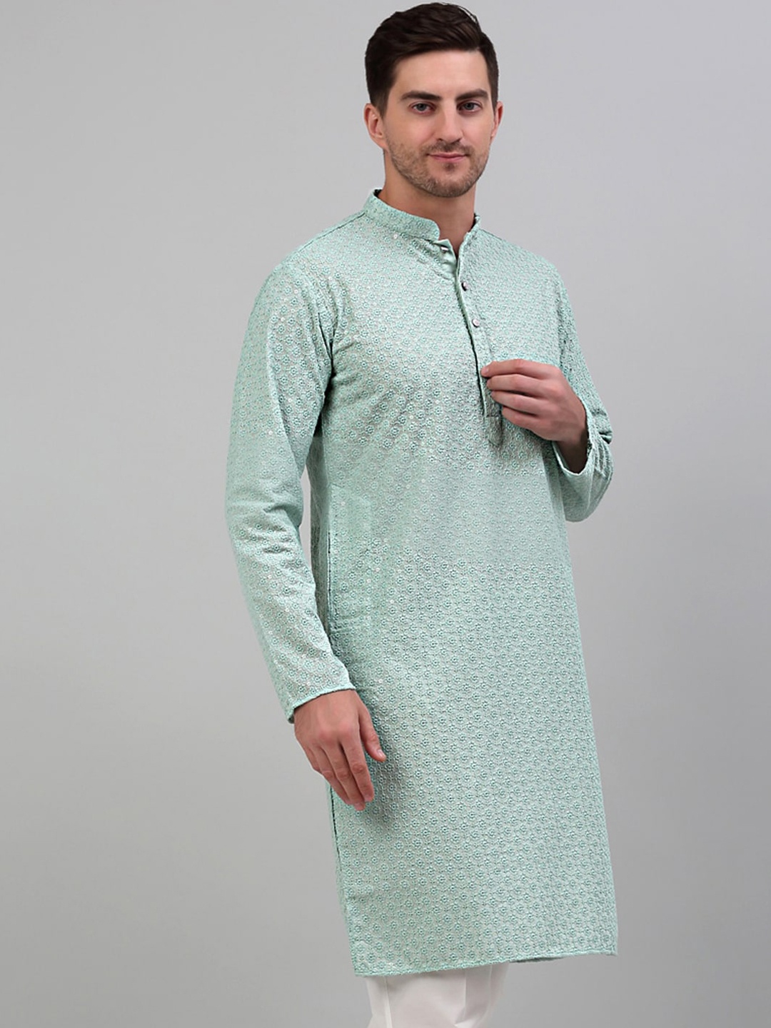 

Jompers Floral Embroidered Sequined Pure Cotton Kurta, Green