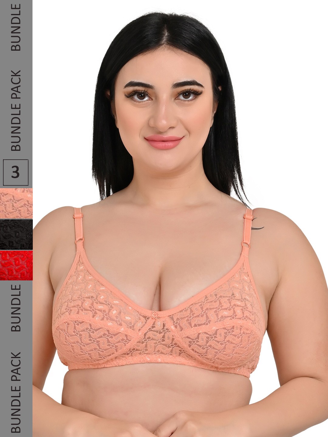 

Piylu Pack Of 3 Floral All Day Comfort Lace Medium Coverage Everyday Bra, Black