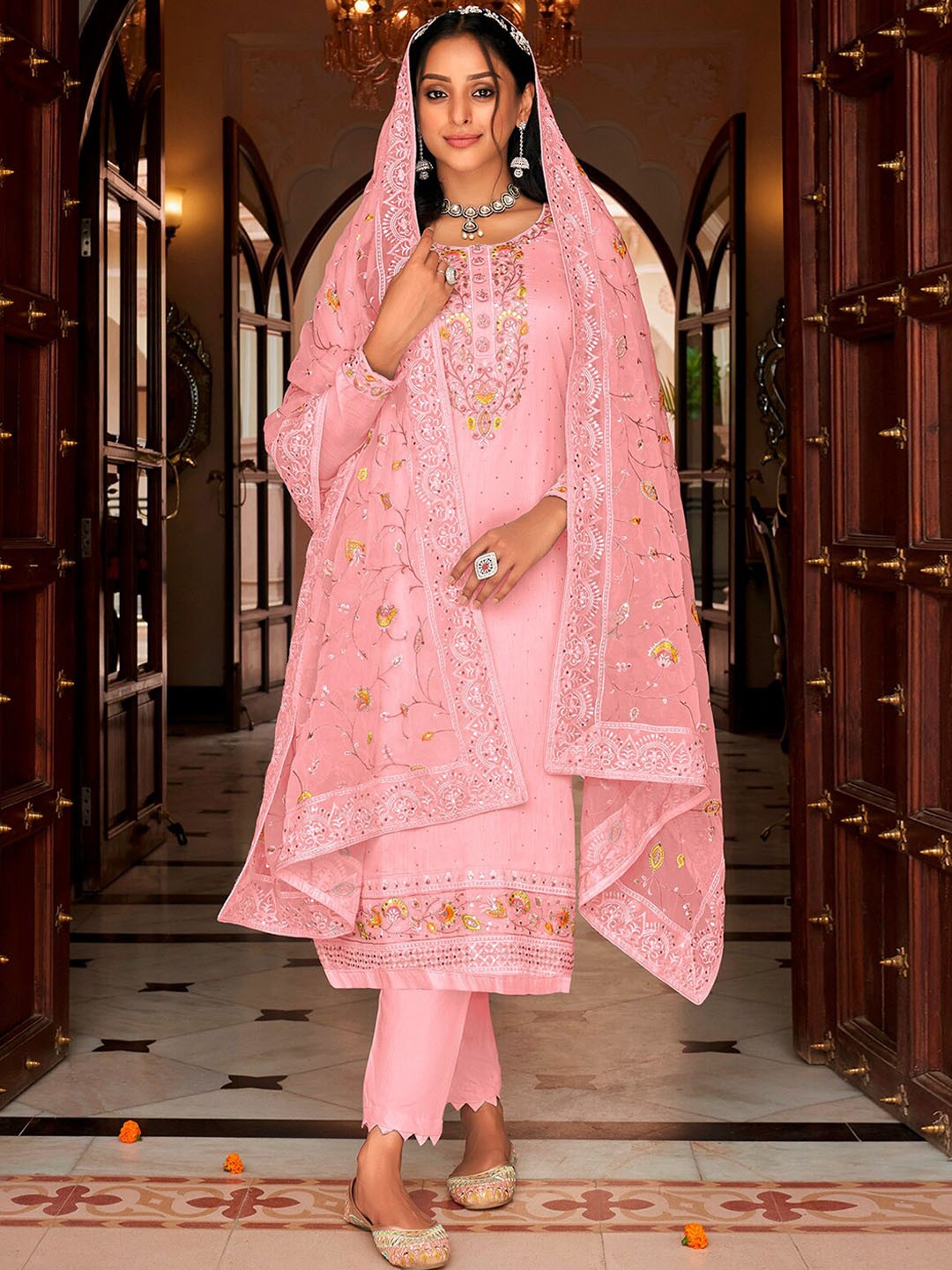 

ODETTE Floral Embroidered Sequinned Kurta with Trousers & Dupatta, Pink