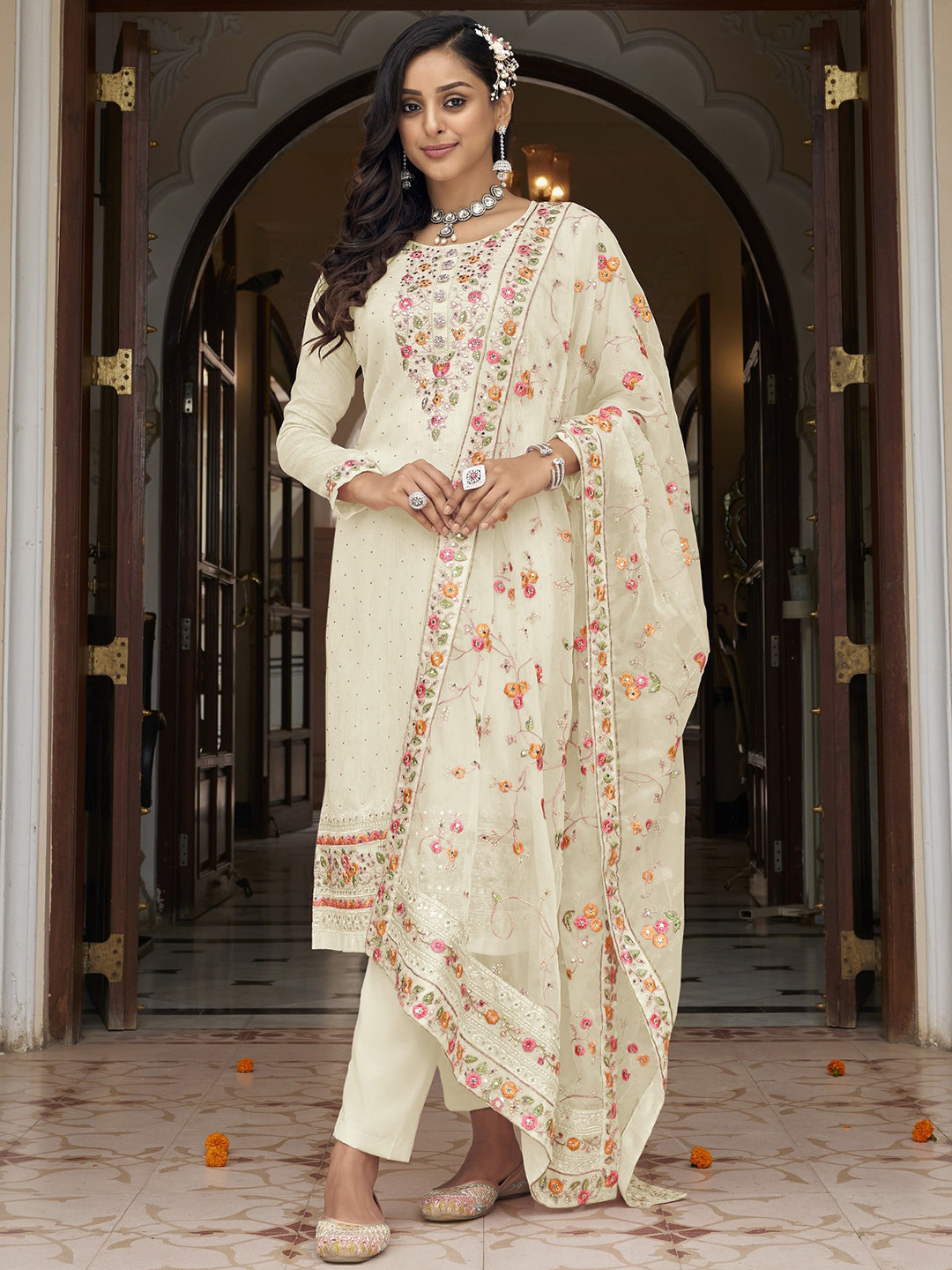 

ODETTE Floral Embroidered Sequinned Kurta with Salwar & Dupatta, Off white