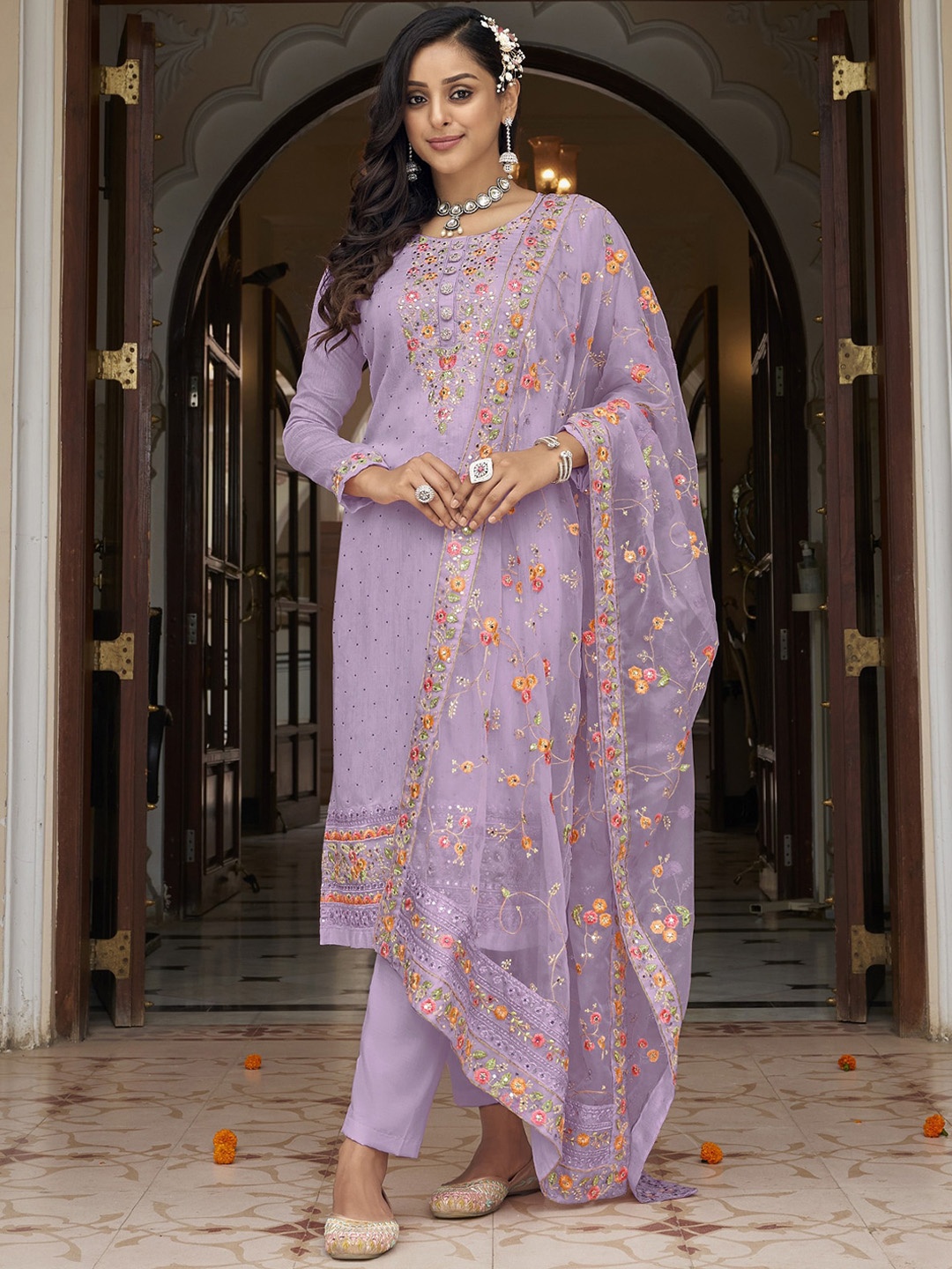 

ODETTE Floral Embroidered Sequinned Kurta with Salwar & Dupatta, Purple