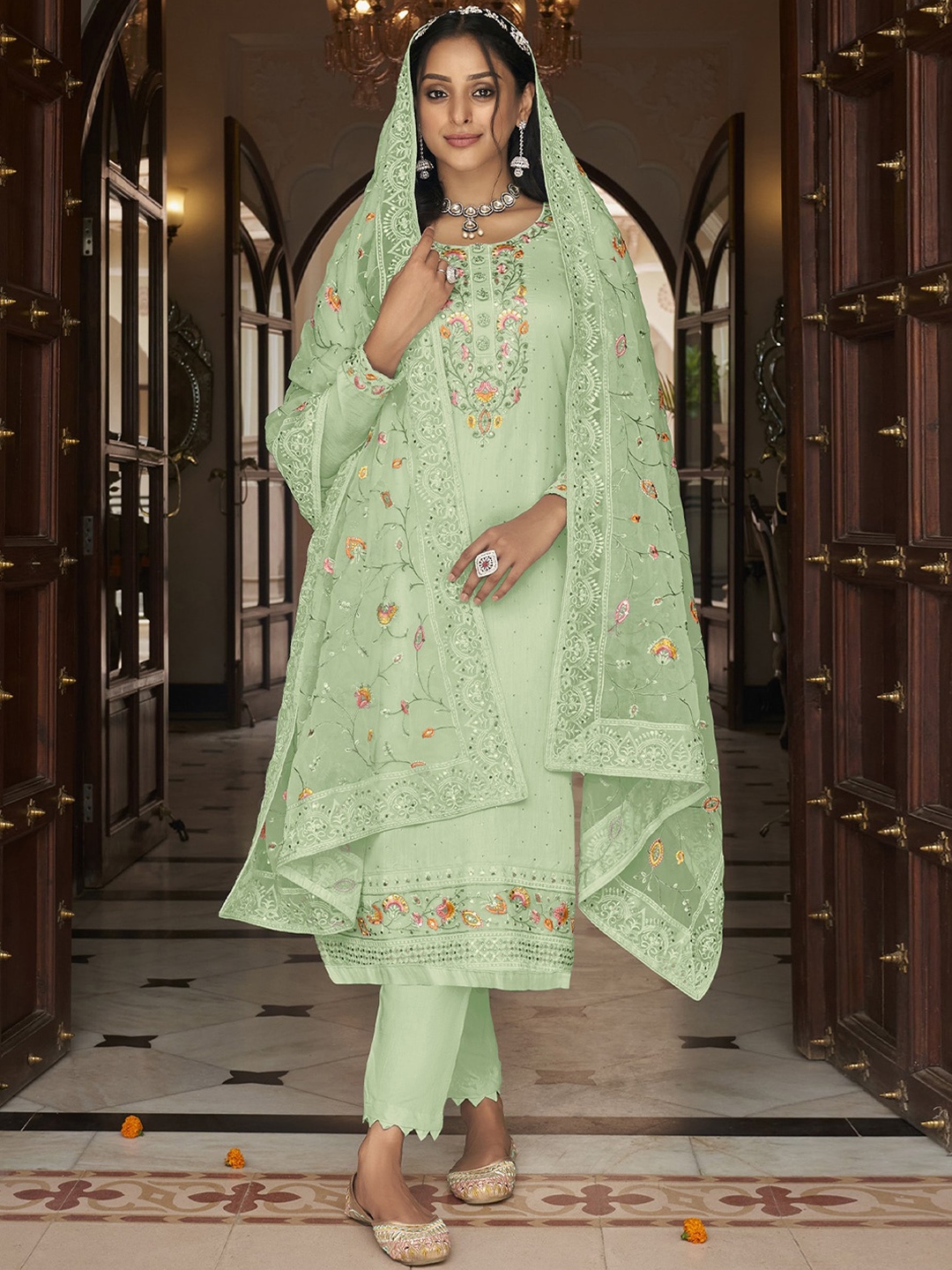 

ODETTE Women Floral Embroidered Sequinned Kurta with Trousers & Dupatta, Green