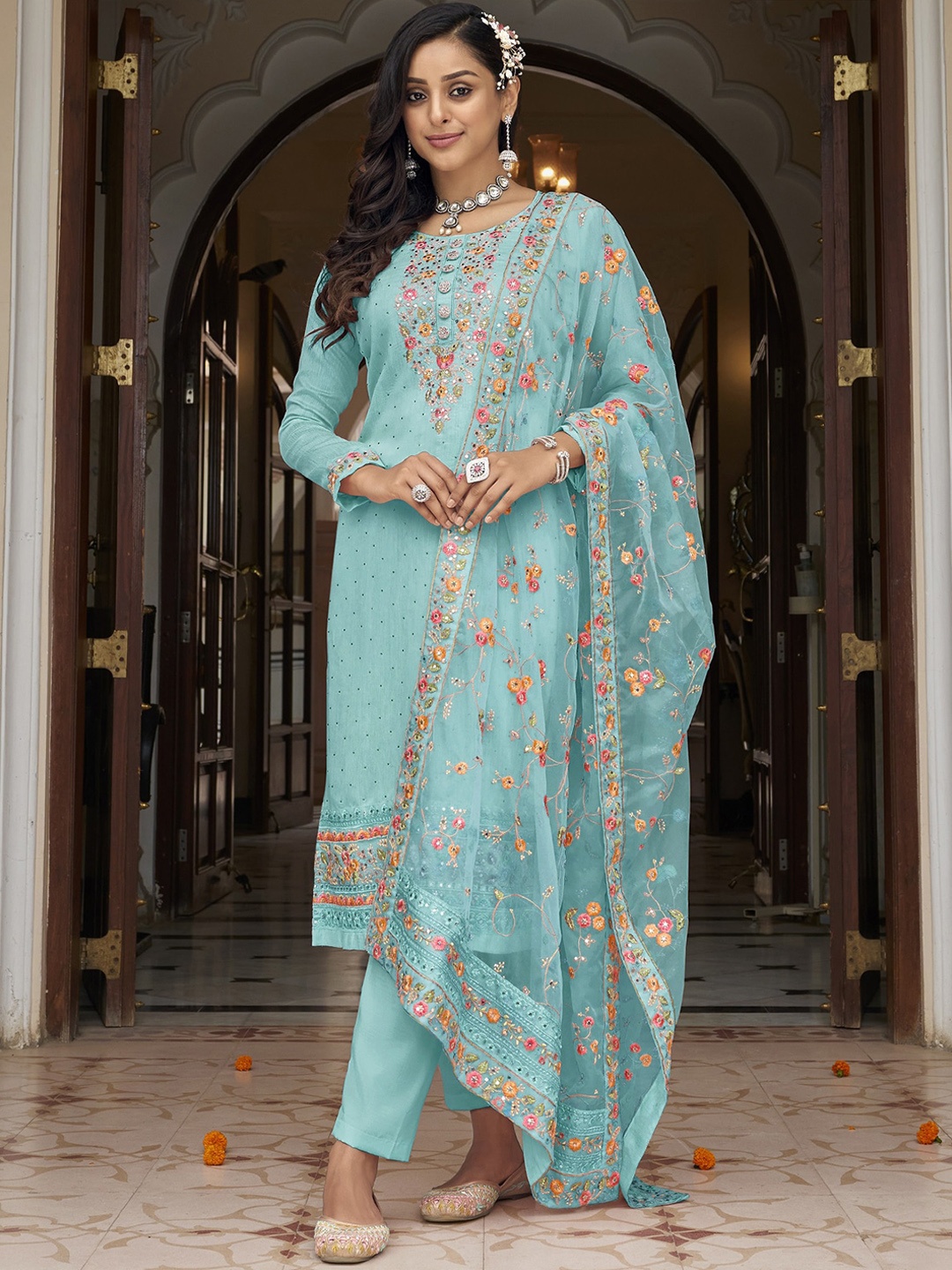 

ODETTE Floral Embroidered Sequinned Semi Stitched Kurta Trouser With Dupatta, Blue